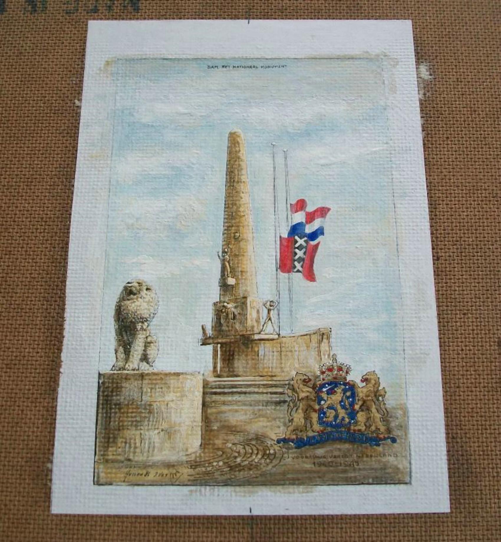 J. VET – Amsterdamer Nationaldenkmal – handkolorierter Druck – Niederlande – ca. 1986 im Zustand „Gut“ im Angebot in Chatham, ON