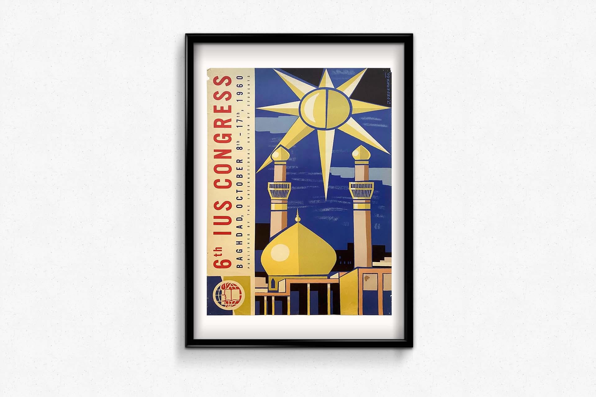 This poster was made to promote the 6th IUS Congress which took place from October 8 to 17, 1960 in Baghdad, Iraq.
The International Union of Students (IUS) is a non-partisan world association of university student organizations.

IUS is the parent
