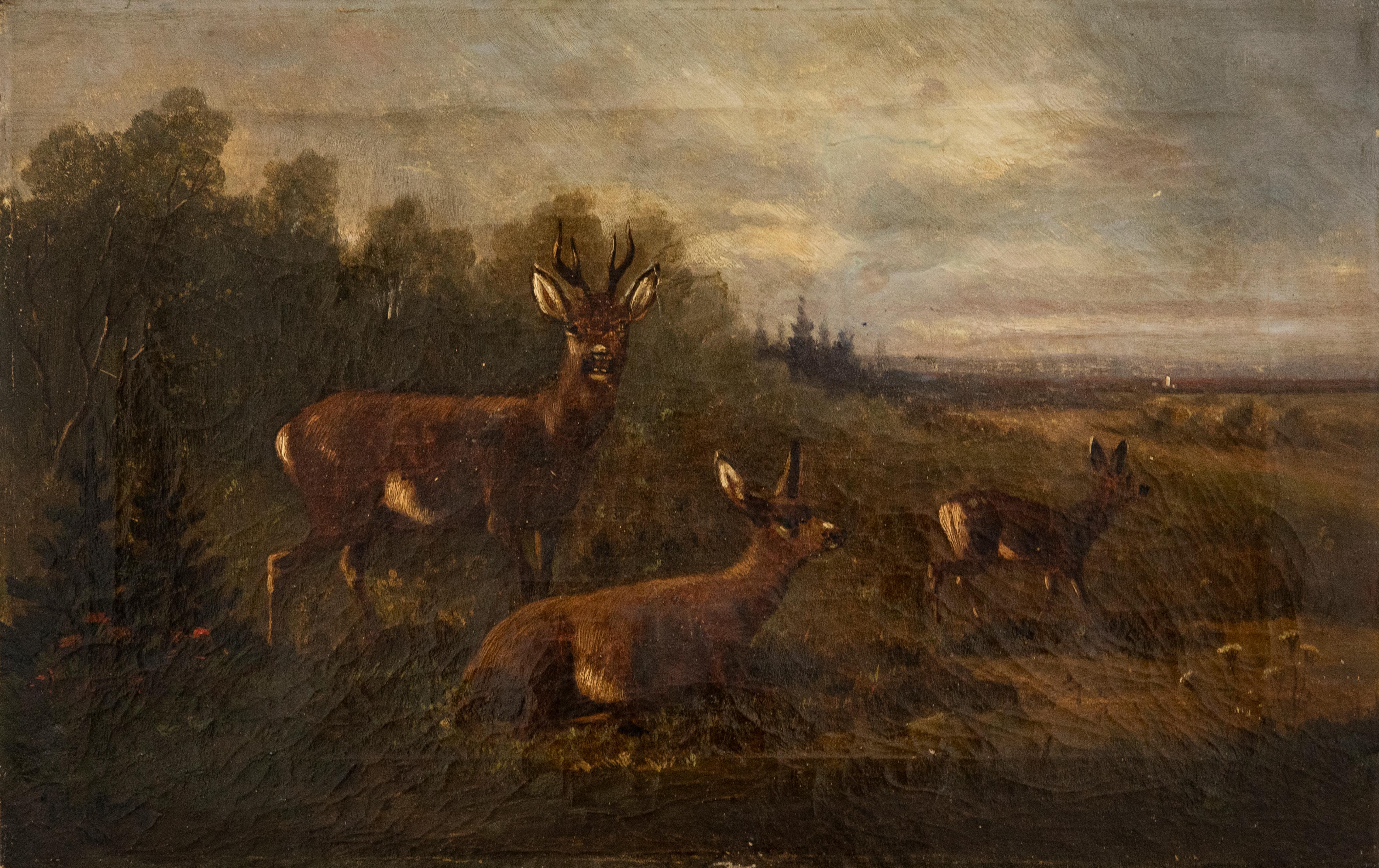 J. Von Berg - 1880 Oil, Deer At The Edge Of The Forest 1