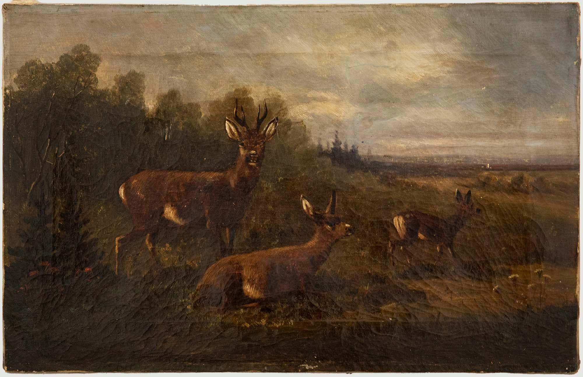 A charming 19th Century highland scene in a traditional and delicate style, showing a family of deer on the edge of a forest. The doe rests in the grass as the fawn scampers off into the pasture. The buck stares alertly towards the viewer. The