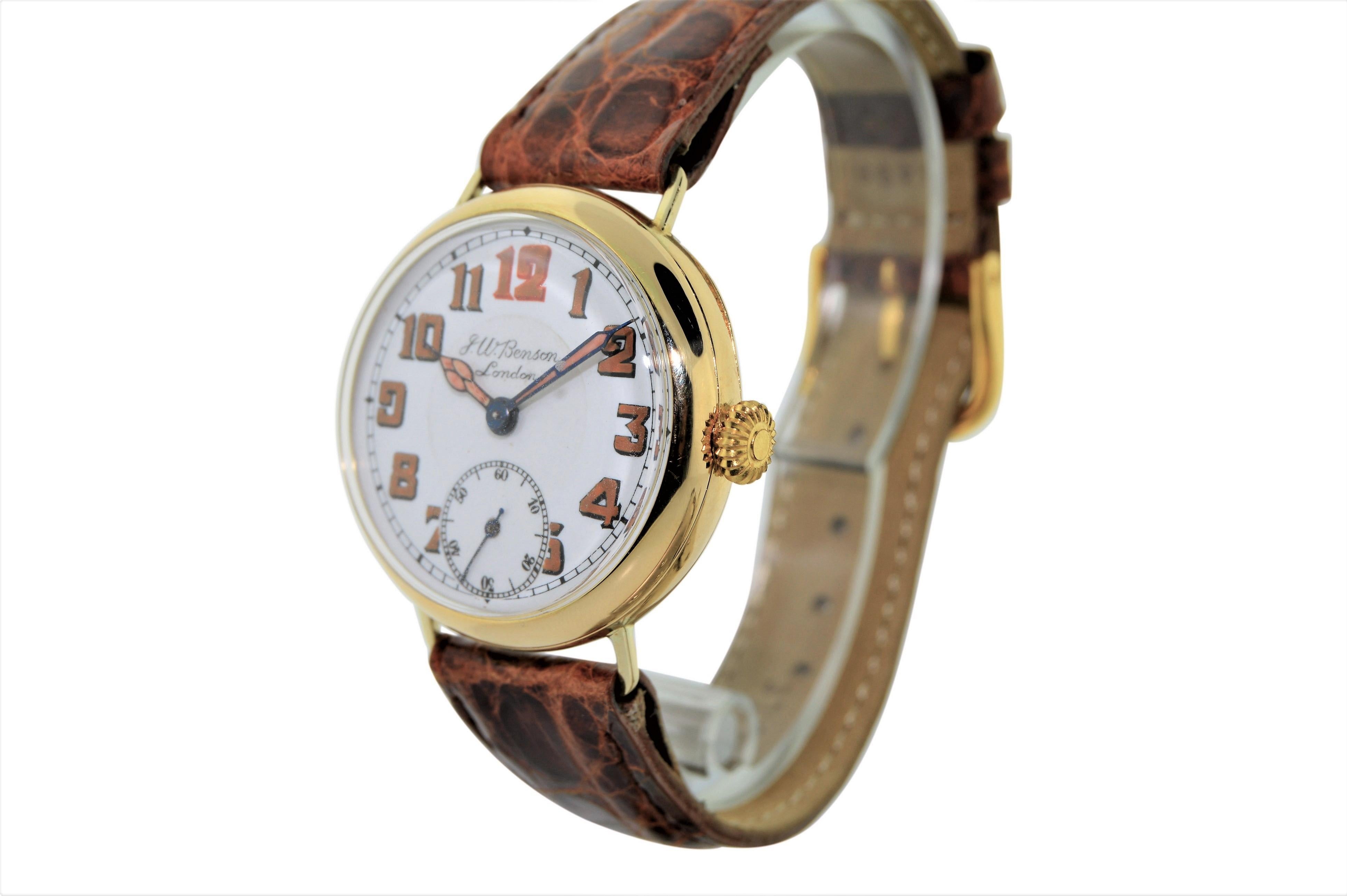 FACTORY / HOUSE: J. W. Benson / Watchmaker to Queen Victoria
STYLE / REFERENCE: Military Campaign Style / Trench Watch
METAL: 18Kt. Yellow Gold
CIRCA: W.W. 1
MOVEMENT / CALIBER: Manual Winding / 15 Jewels / Swiss Made
DIAL / HANDS: Original, Enamel