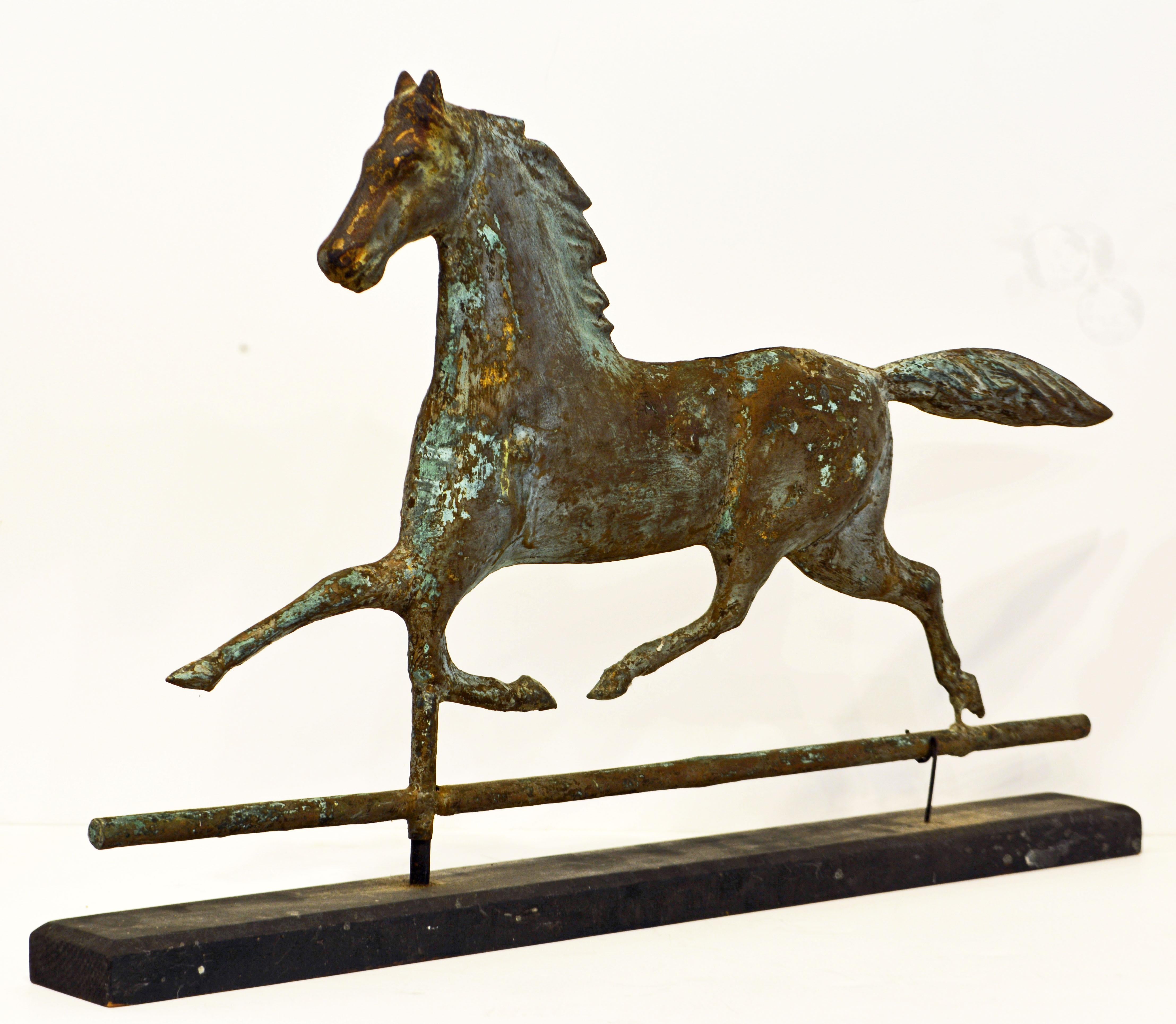 Folk Art J. W. Fiske Attributed Large Horse Weathervane on Base with Attractive Patina