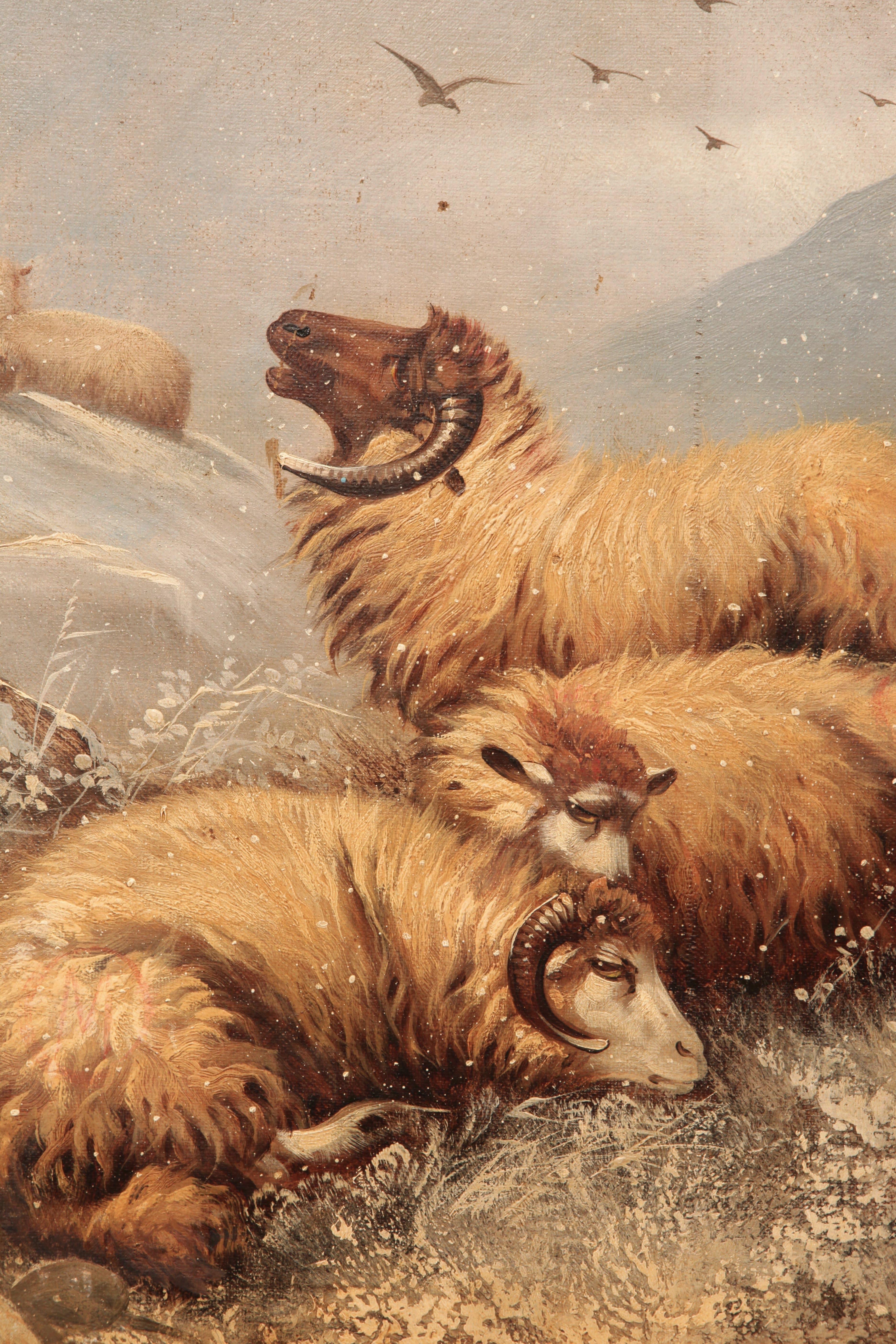Favoloso dipinto a olio d'epoca di pecore a pelo lungo nelle Highlands in una giornata di neve, opera dell'artista britannico John W. Johns. Una bellissima tavolozza morbida crea questo tesoro antico. Sebbene questo dipinto presenti alcuni problemi