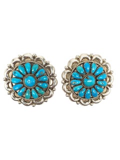 Vintage J. W. Sterling Silver Native American Turquoise Concho Earrings #22467