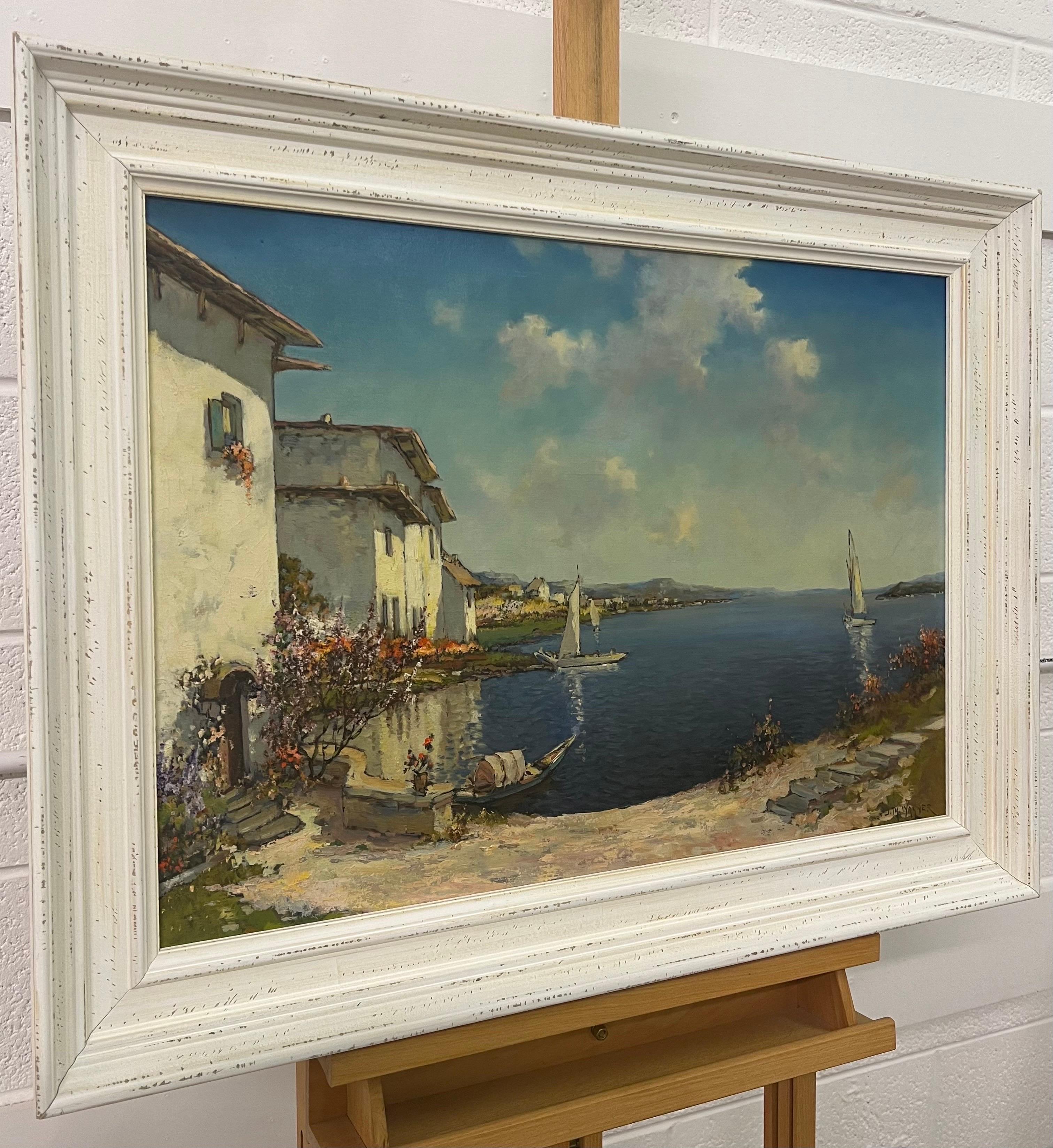 Peinture méditerranéenne du lac de Como en Italie par un artiste américain du 20e siècle - Painting de J W Wagner