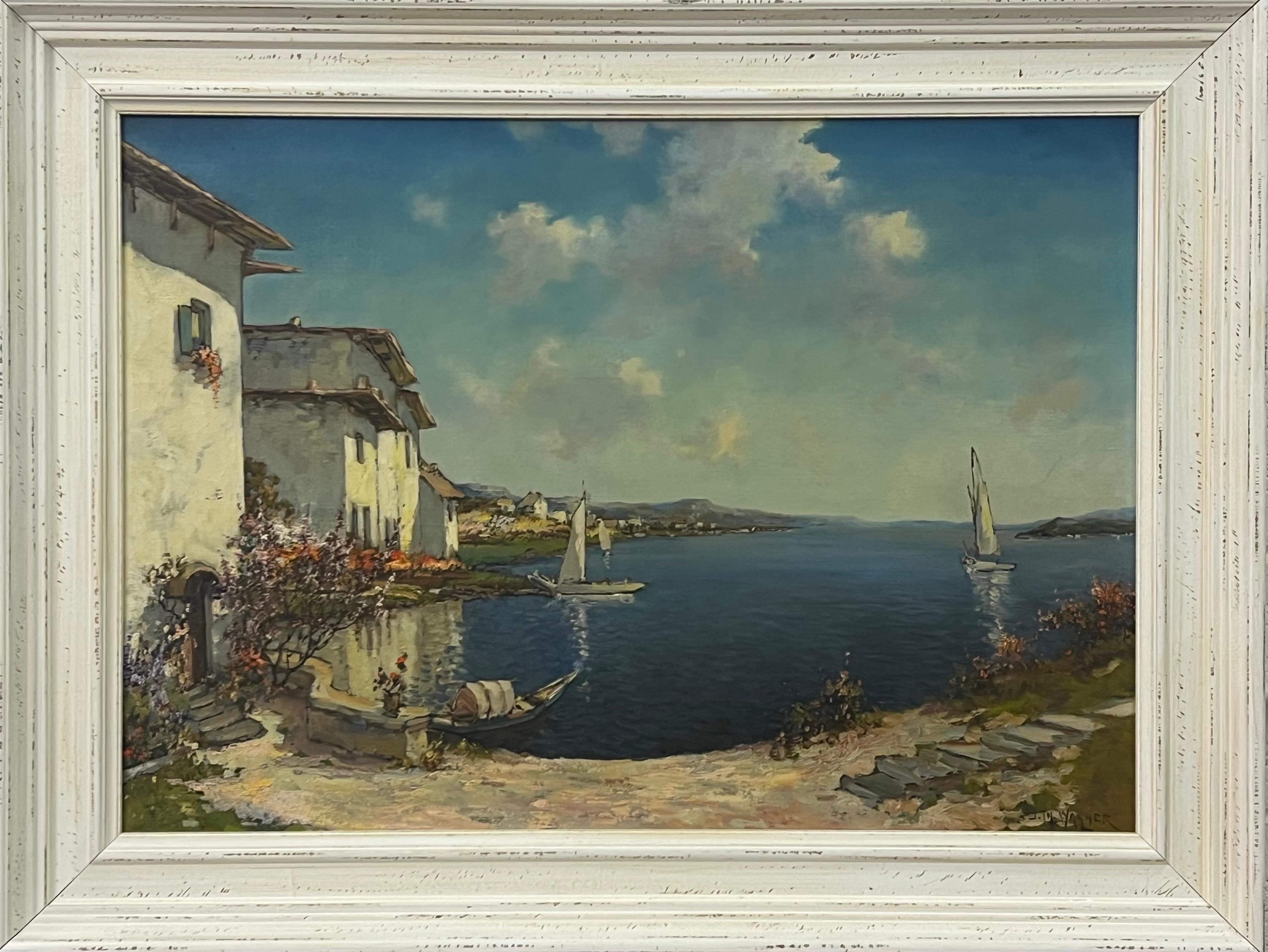 Landscape Painting J W Wagner - Peinture méditerranéenne du lac de Como en Italie par un artiste américain du 20e siècle