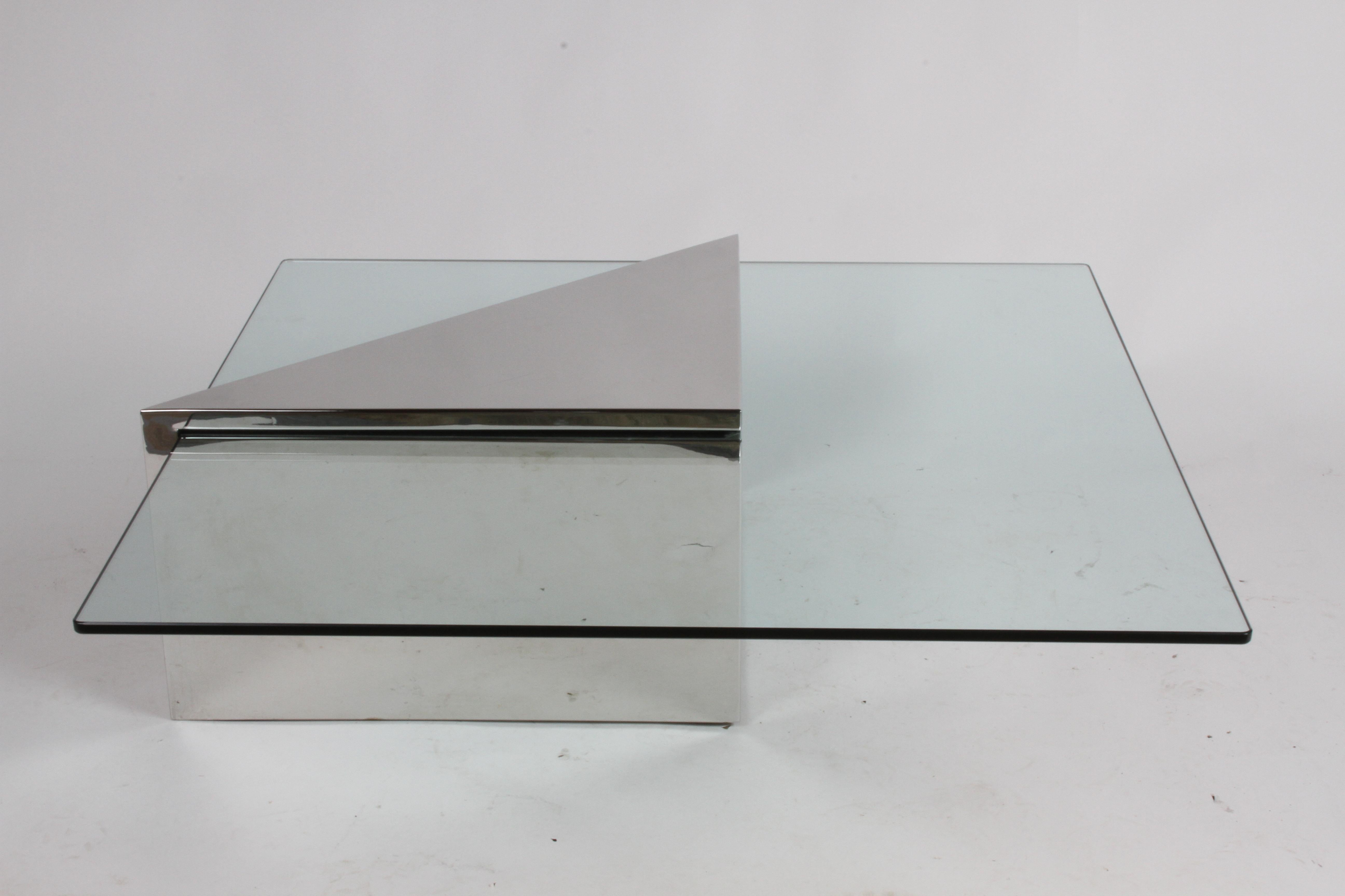 Polished J. Wade Beam for Brueton, Monolithic Triangular Base and Glass Top Coffee Table For Sale