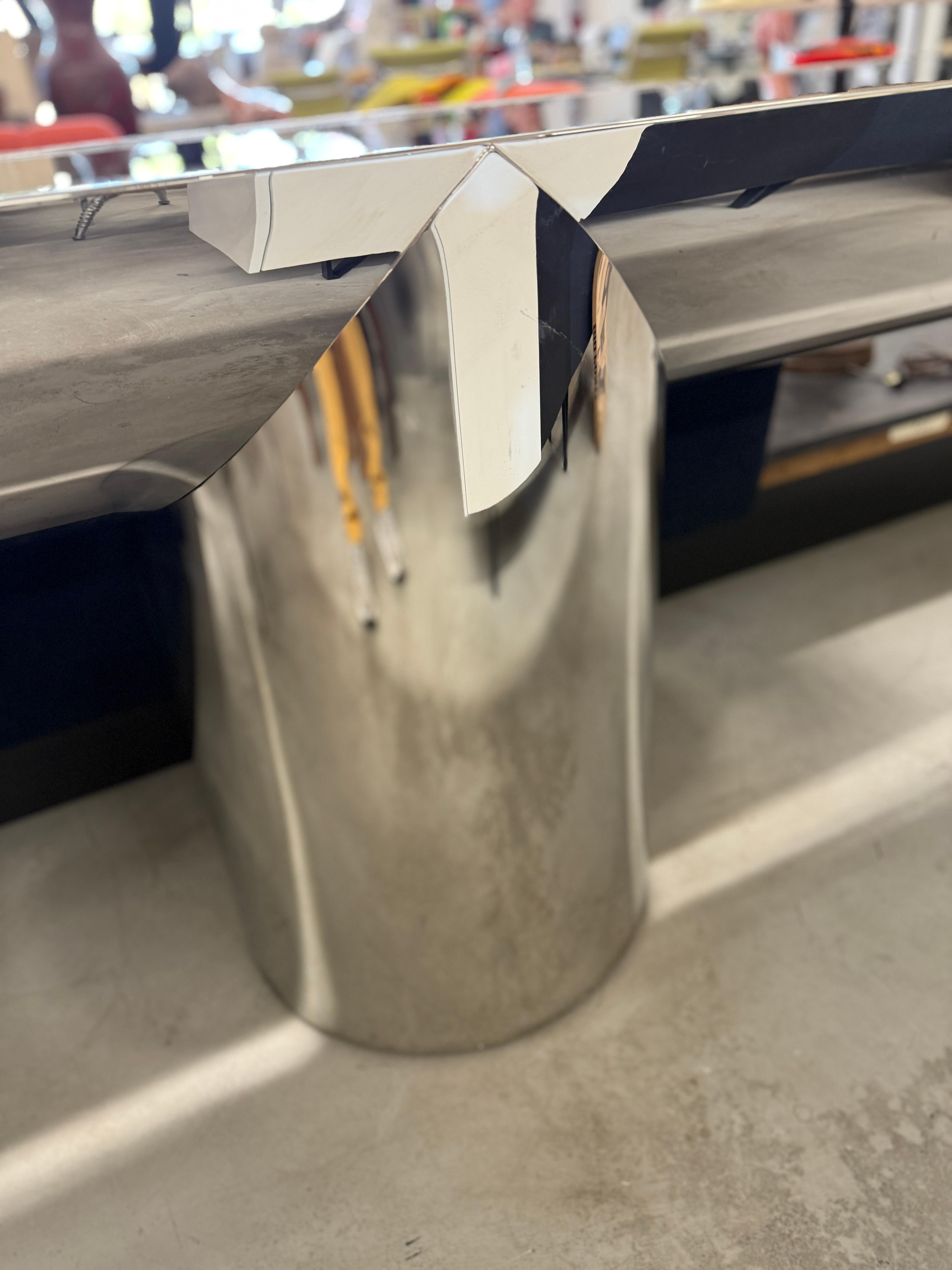 American J Wade Beam for Brueton Steel and Black Glass Console For Sale