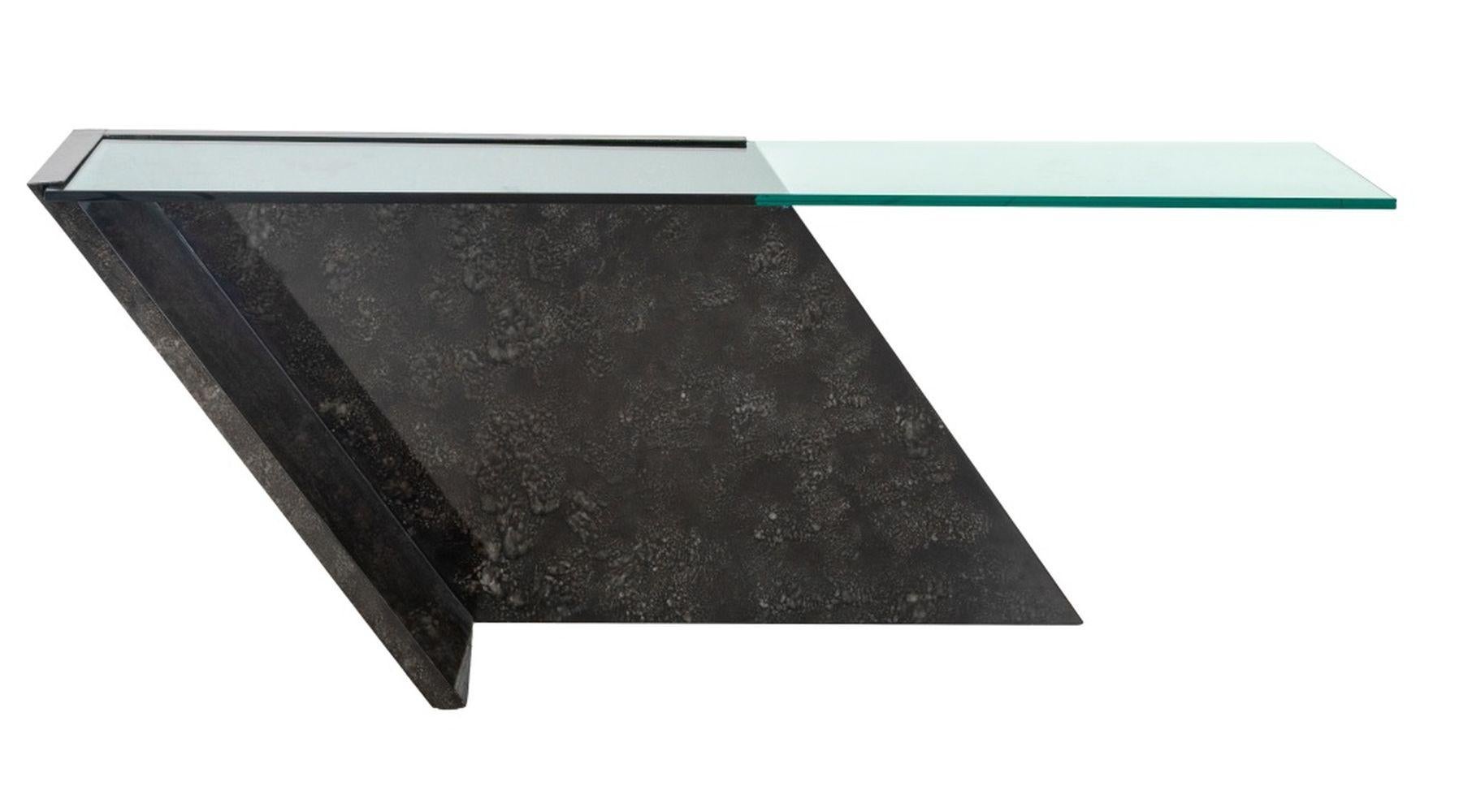 J. Wade Beam Style Cantilevered Glass Top Faux Black Marble Console Table. 29.5