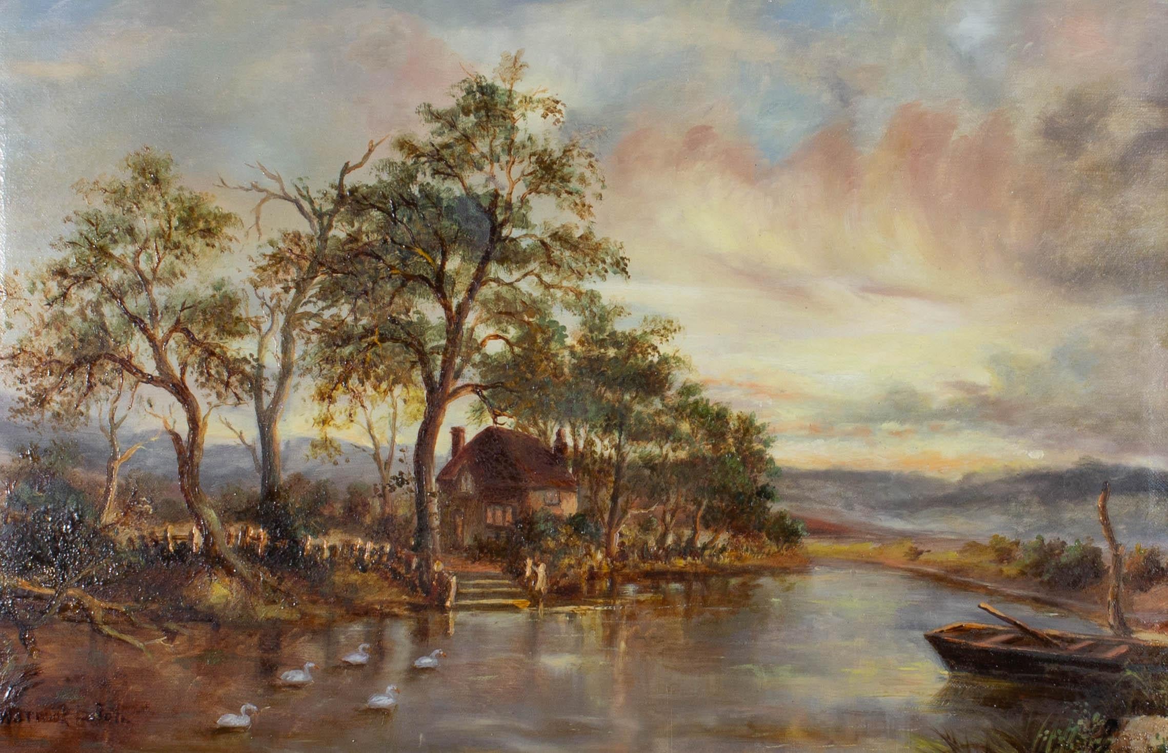 J. Warwick Easton – Öl, Cottage by the Lake, frühes 20. Jahrhundert im Angebot 1