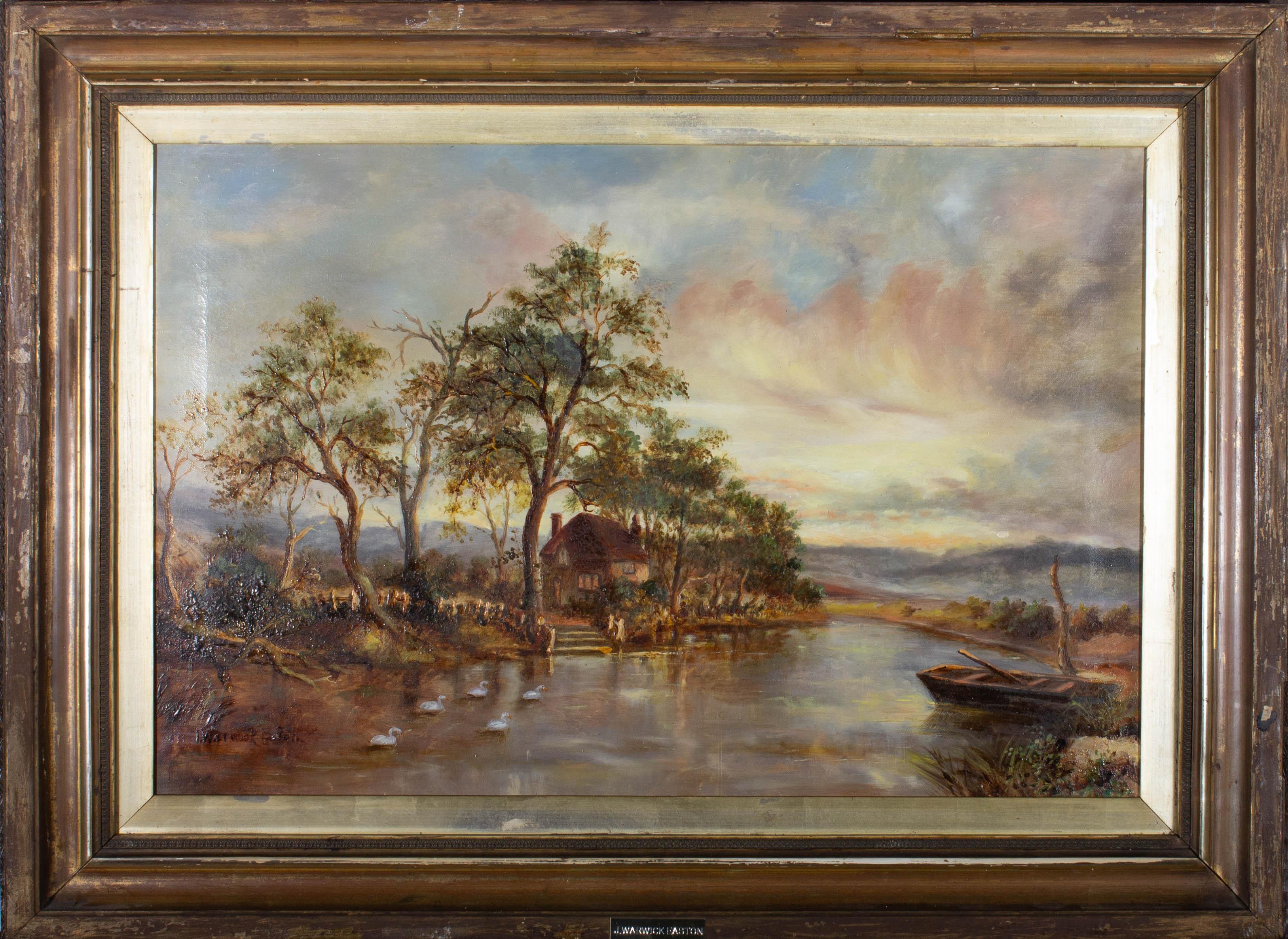 Eine friedliche Szene, die Schwäne auf einem See zeigt, die sanft an einem malerischen Landhaus vorbeischwimmen. Signiert unten links. Präsentiert im Originalrahmen. Auf Leinwand auf Keilrahmen.
