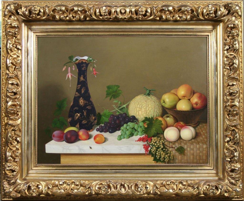Still Life with Fruit and Vase on a Tabletop – Painting von J. Watson