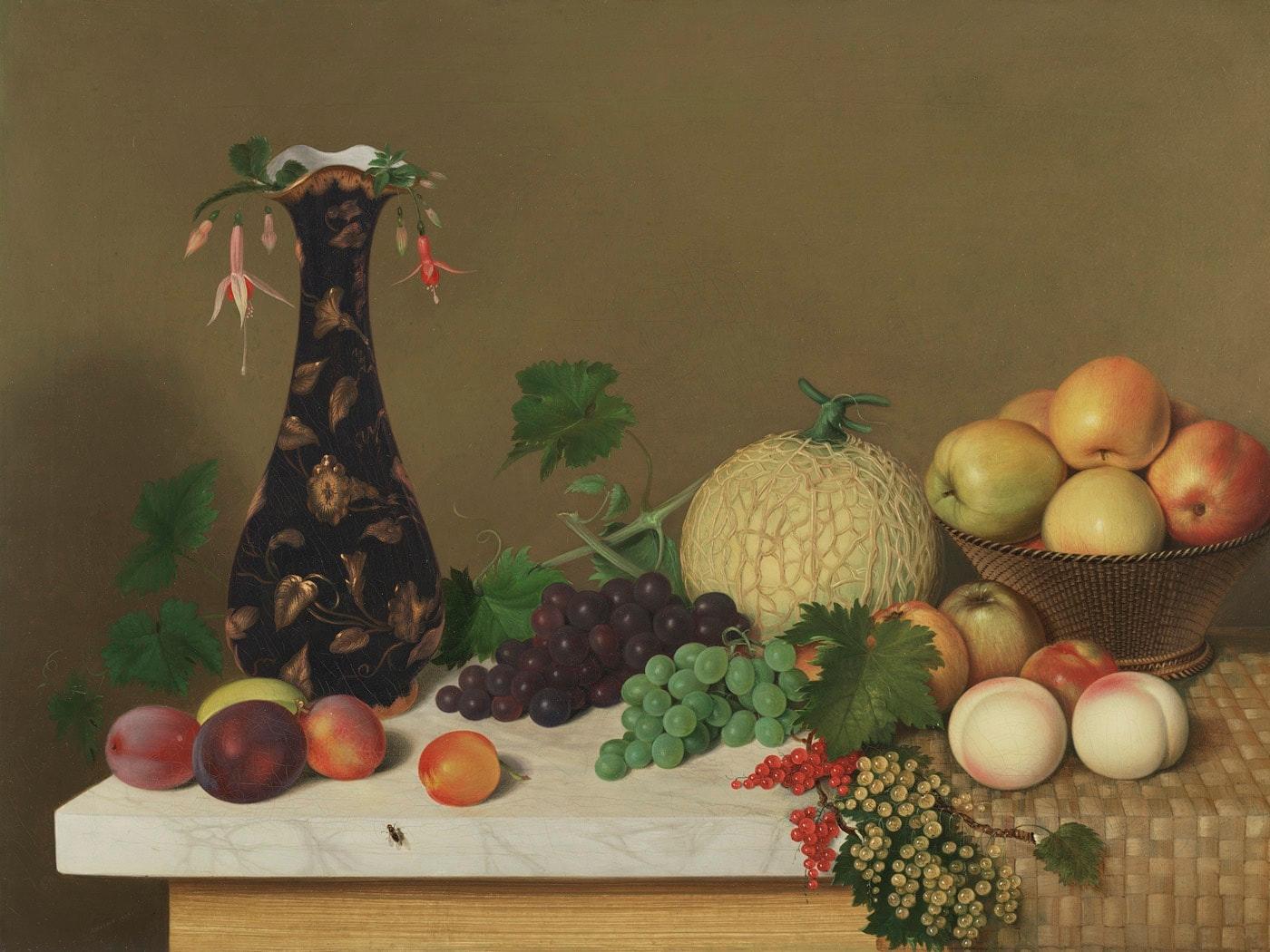 J. Watson Still-Life Painting - Still Life with Fruit and Vase on a Tabletop