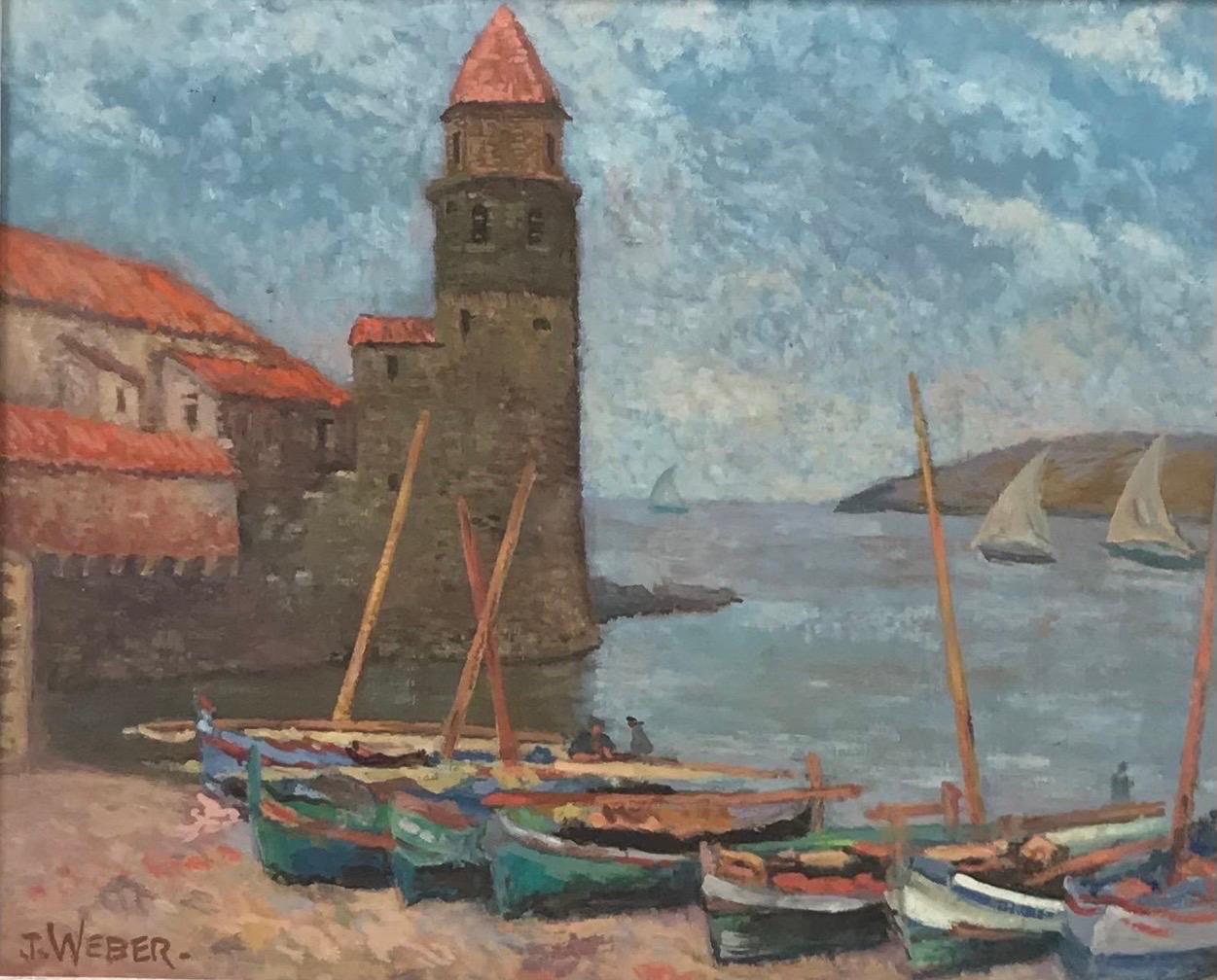Mid Century French Signed Oil Collioure Harbour South of France, Fishing Boats - Painting by J. Weber