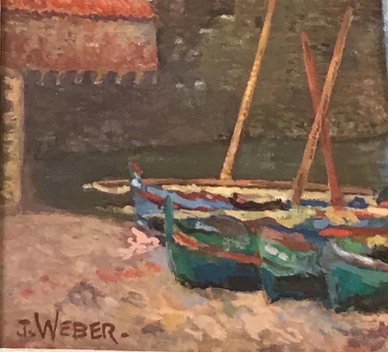 Mid Century French Signed Oil Collioure Harbour South of France, Fishing Boats - Impressionist Painting by J. Weber