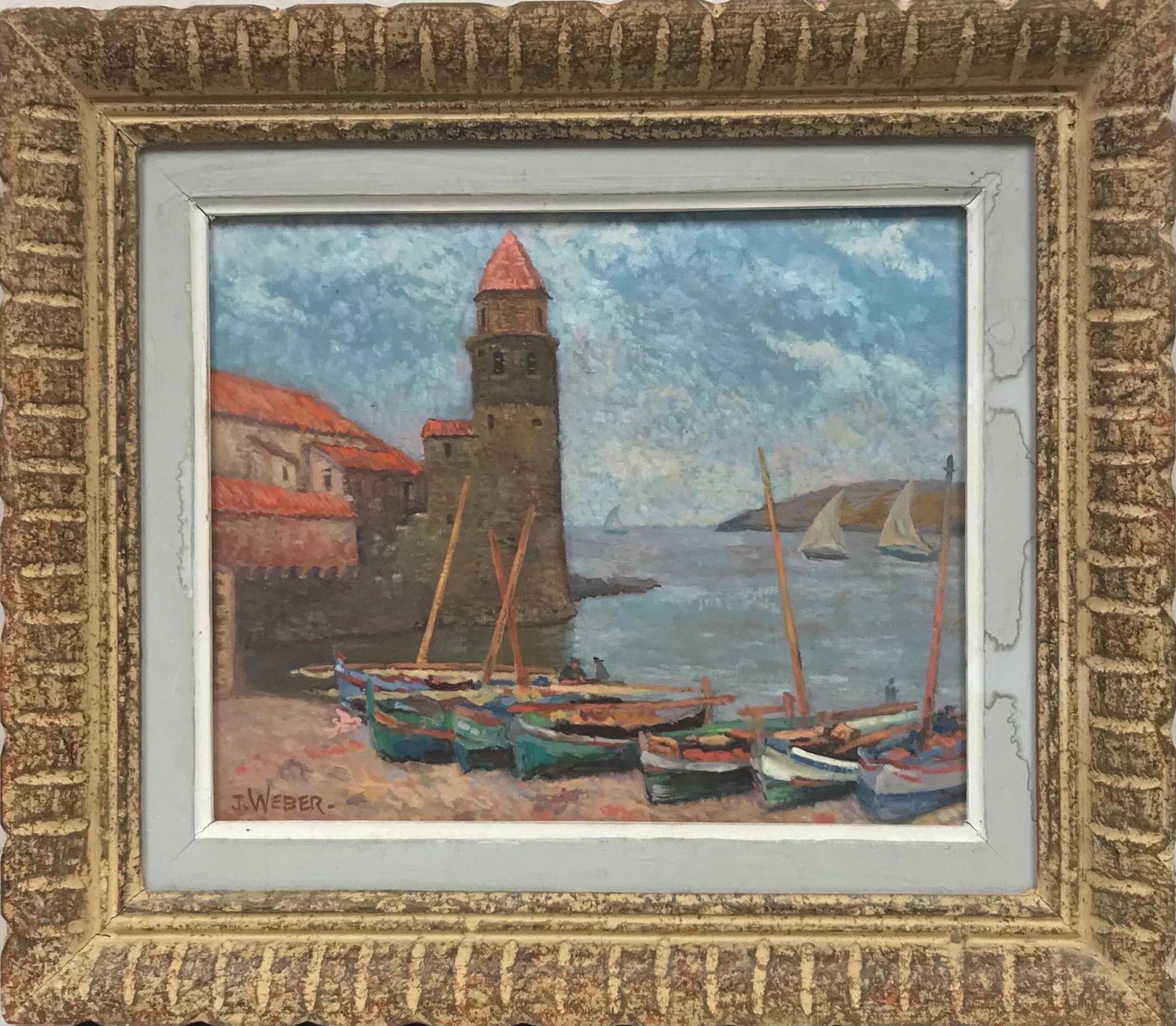 Mid Century French Signed Oil Collioure Harbour South of France, Fishing Boats