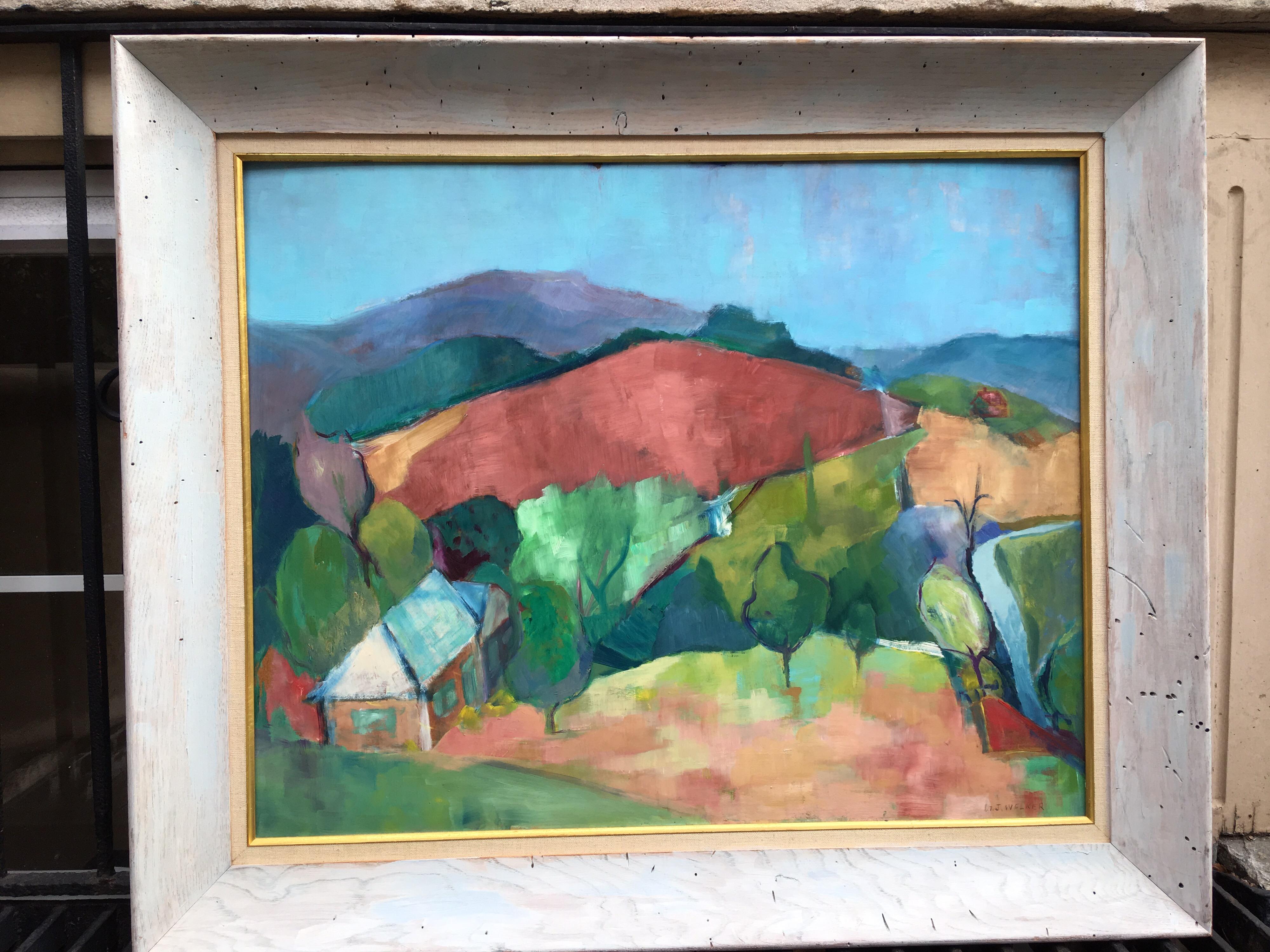 J Welker oil on board landscape in blues, orange and greens. Signed bottom right, probably from the early 1960s, New Jersey artist. Measurement without frame of board is 29