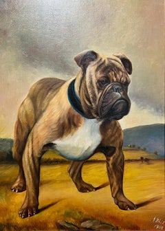 British Bulldog Original 1900's English Dog Painting Portrait of Bulldog signed