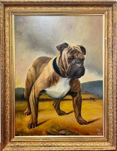 Vintage British Bulldog Original 1900's English Dog Painting Portrait of Bulldog signed