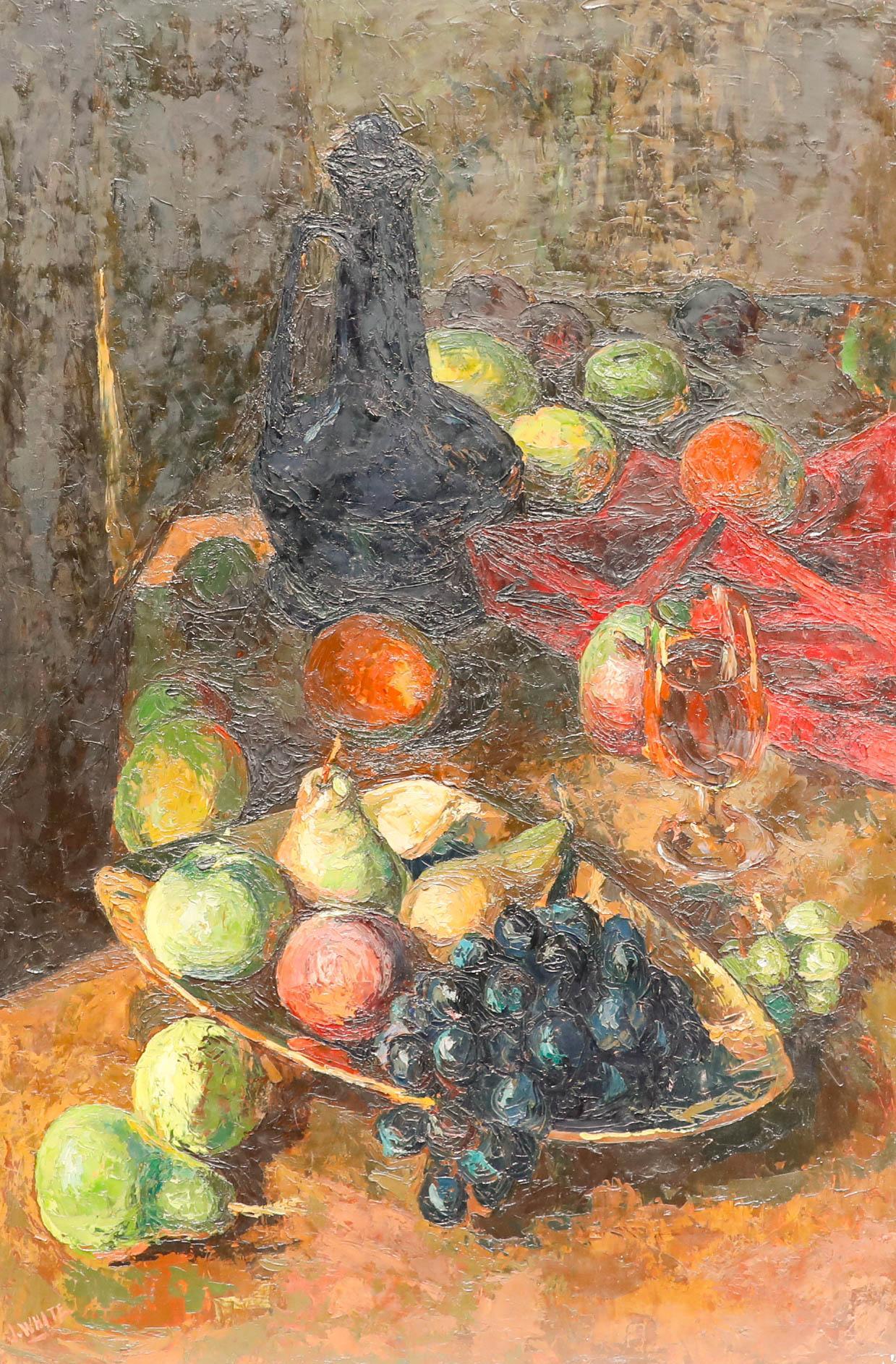 J. Whiting - Olio, bottiglia e frutta del XX secolo - Painting di J White