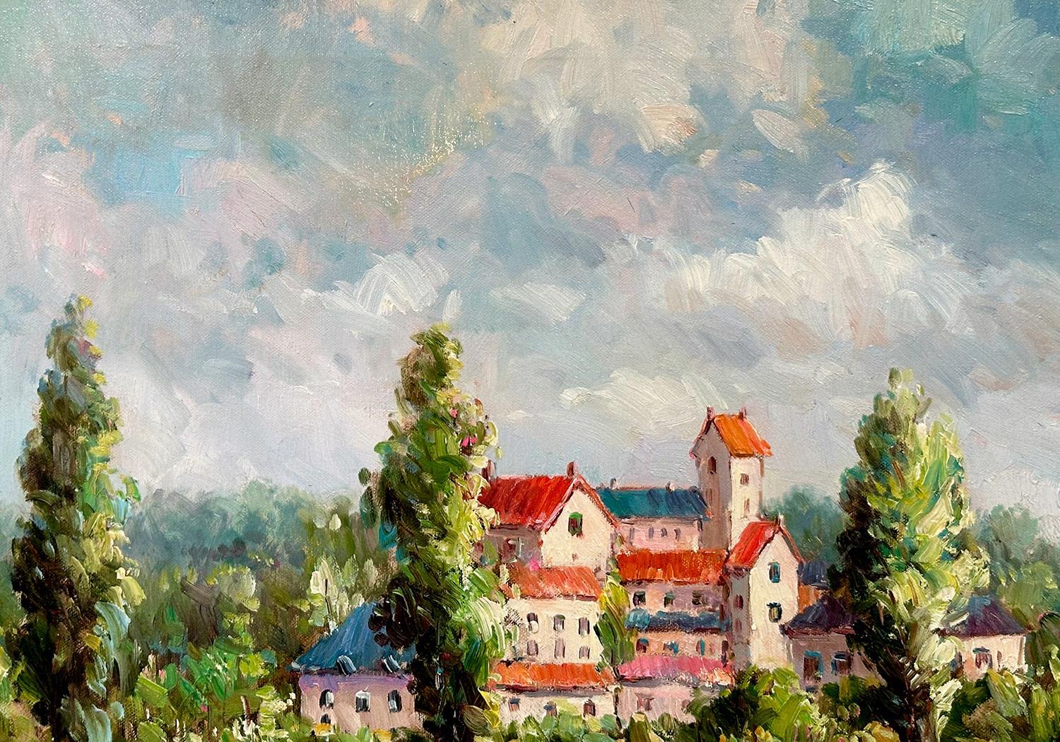 A stunning oil painting depicting a serene countryside landscape with a figure walking along a winding path cutting through lush greenery. Tall, slender trees with sparse foliage in the summer, with their branches reaching toward a bright blue sky