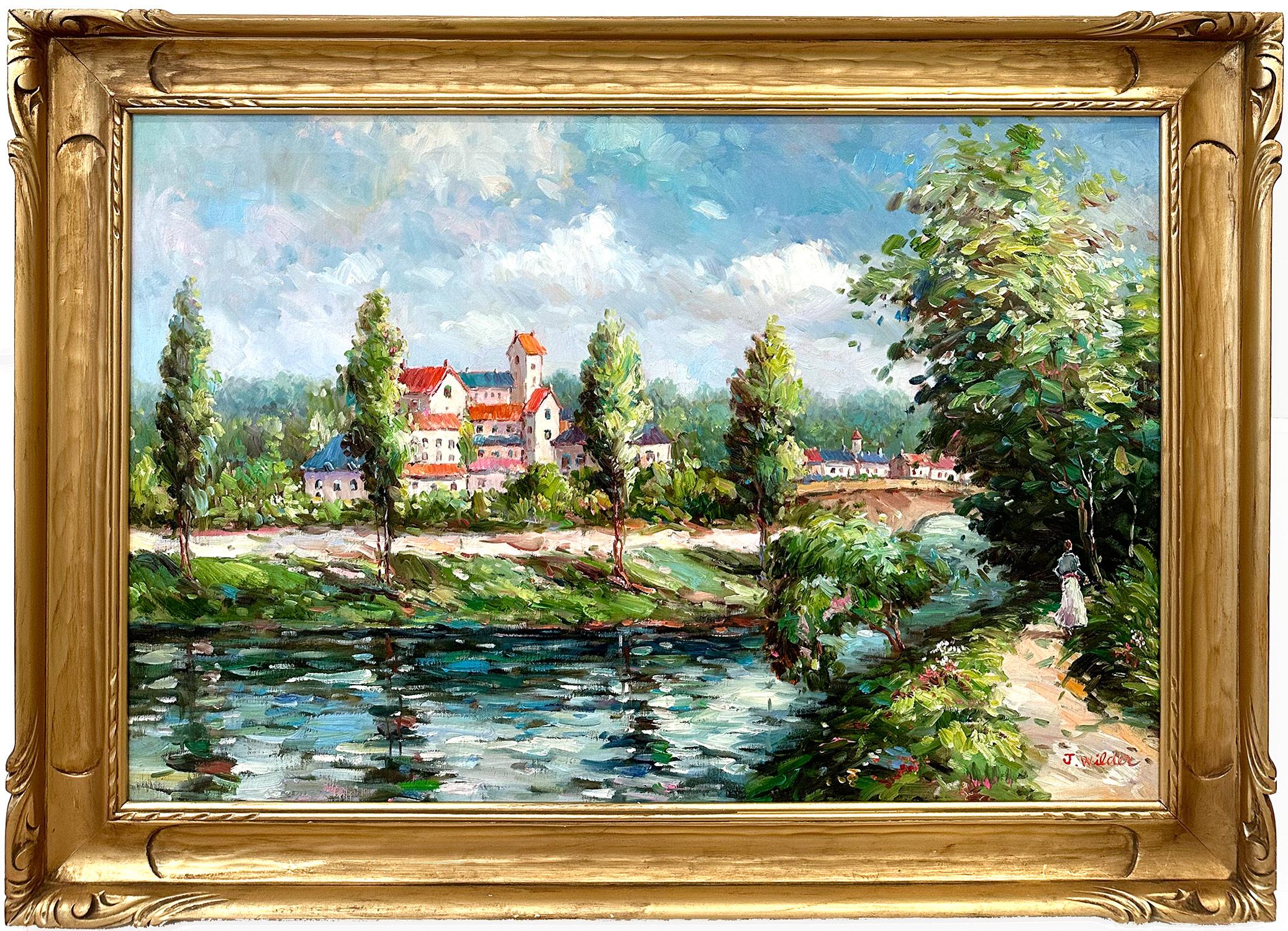 J. Wilder Figurative Painting - "Countryside Landscape" Impressionist Oil Painting Canvas of Figure on Pathway