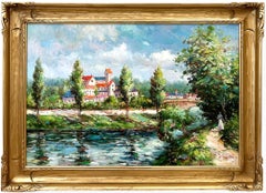 "Paisaje campestre" Lienzo de pintura al óleo impresionista de Figura en camino