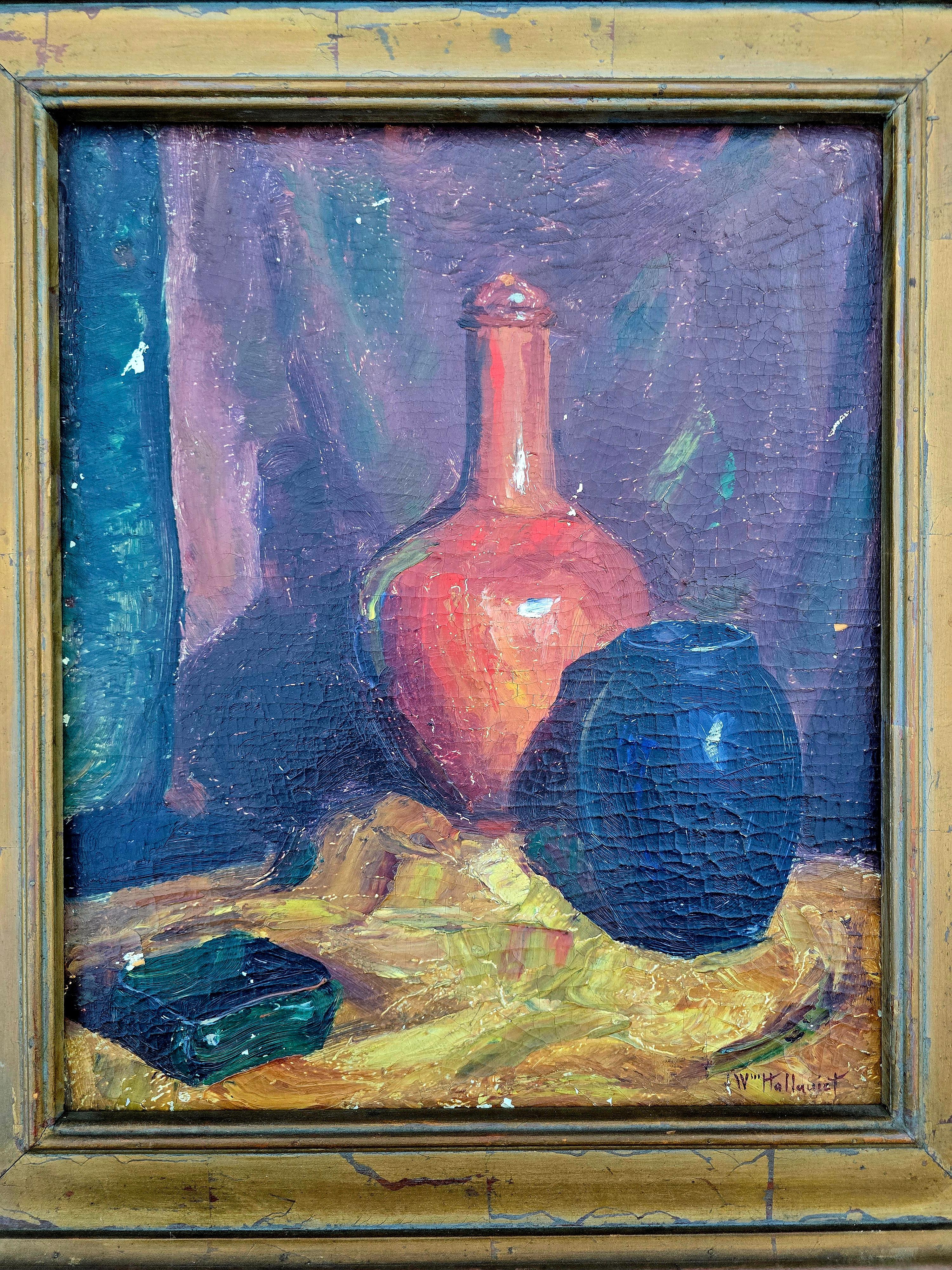 Nature morte lumineuse et amusante, réalisée à l'huile sur carton par le peintre du WPA J. William Hallquist.  Signé en bas à droite. 