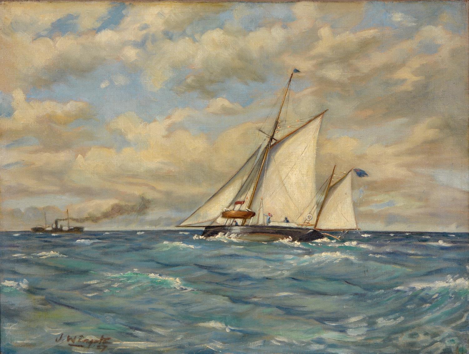 J. Wingate  Figurative Painting - English Impressionist Signed Oil Painting Sailing Yacht at Sea with Tug Boat 