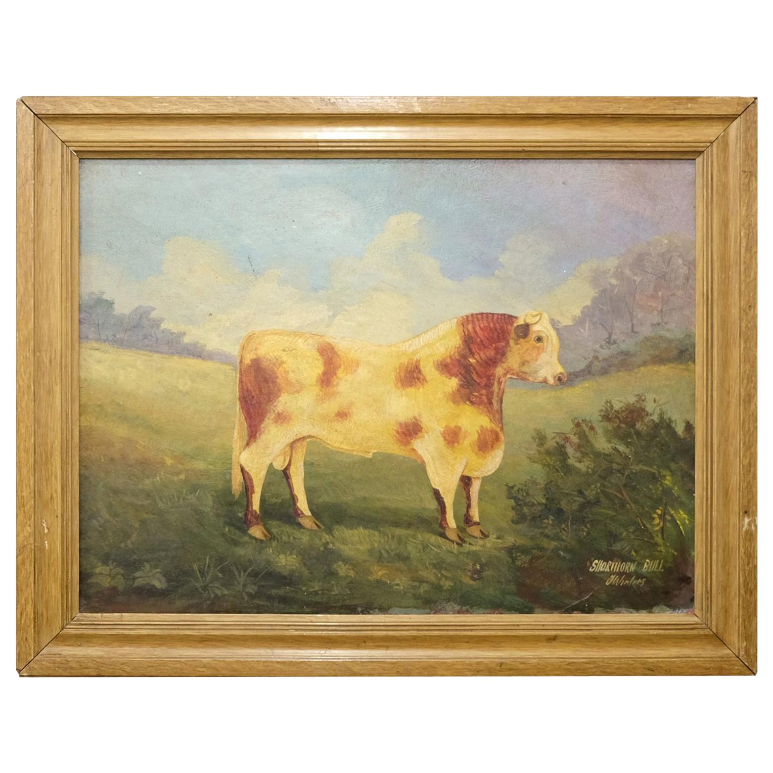 J. Winters, 20th Century Naive Signed Oil Painting of a Shorthorn Bull, Wall Art