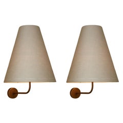 J260 Große rustikale Messing & genäht belgischen LInen Wandleuchter Paar von Wende Reid