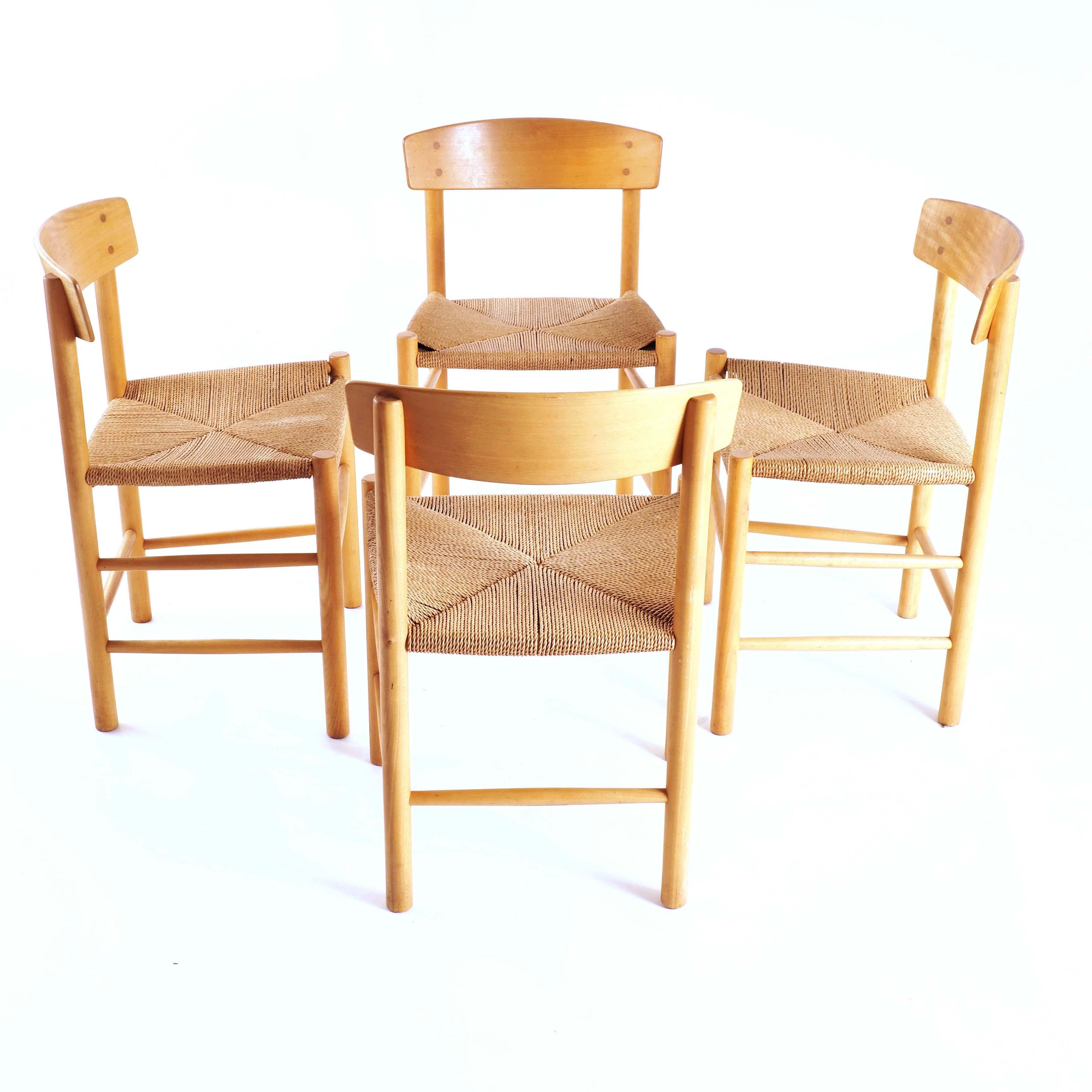 Six J39 chairs in beech and papercord by Børge Mogensen. This chair was designed for the FDB, the Danish Cooperative, in 1947. The seat is hand woven of 133 meters of papercord.