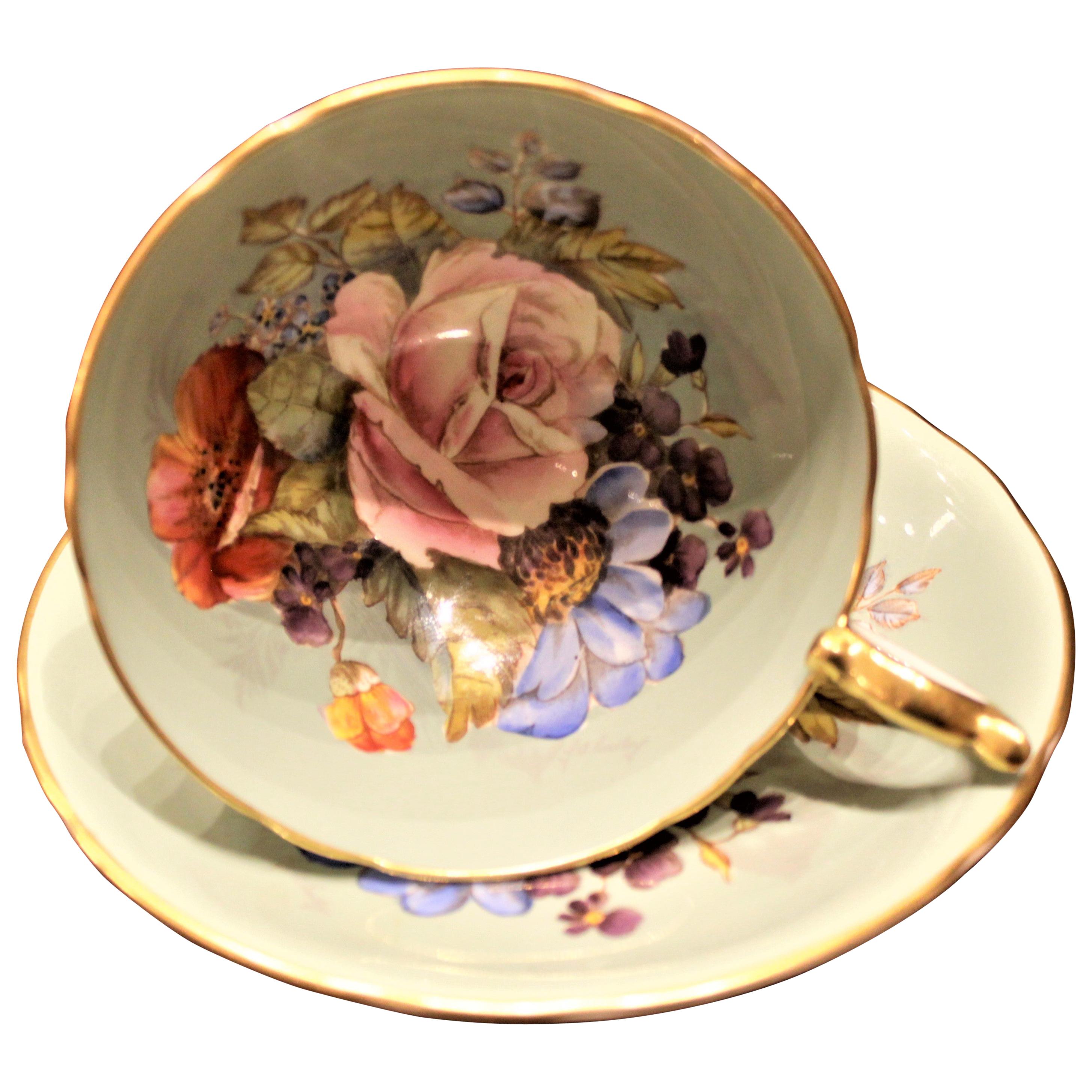 J.A. Bailey Signed Aynsley Bone China Pink Cabbage Rose Tea Cup & Saucer Set