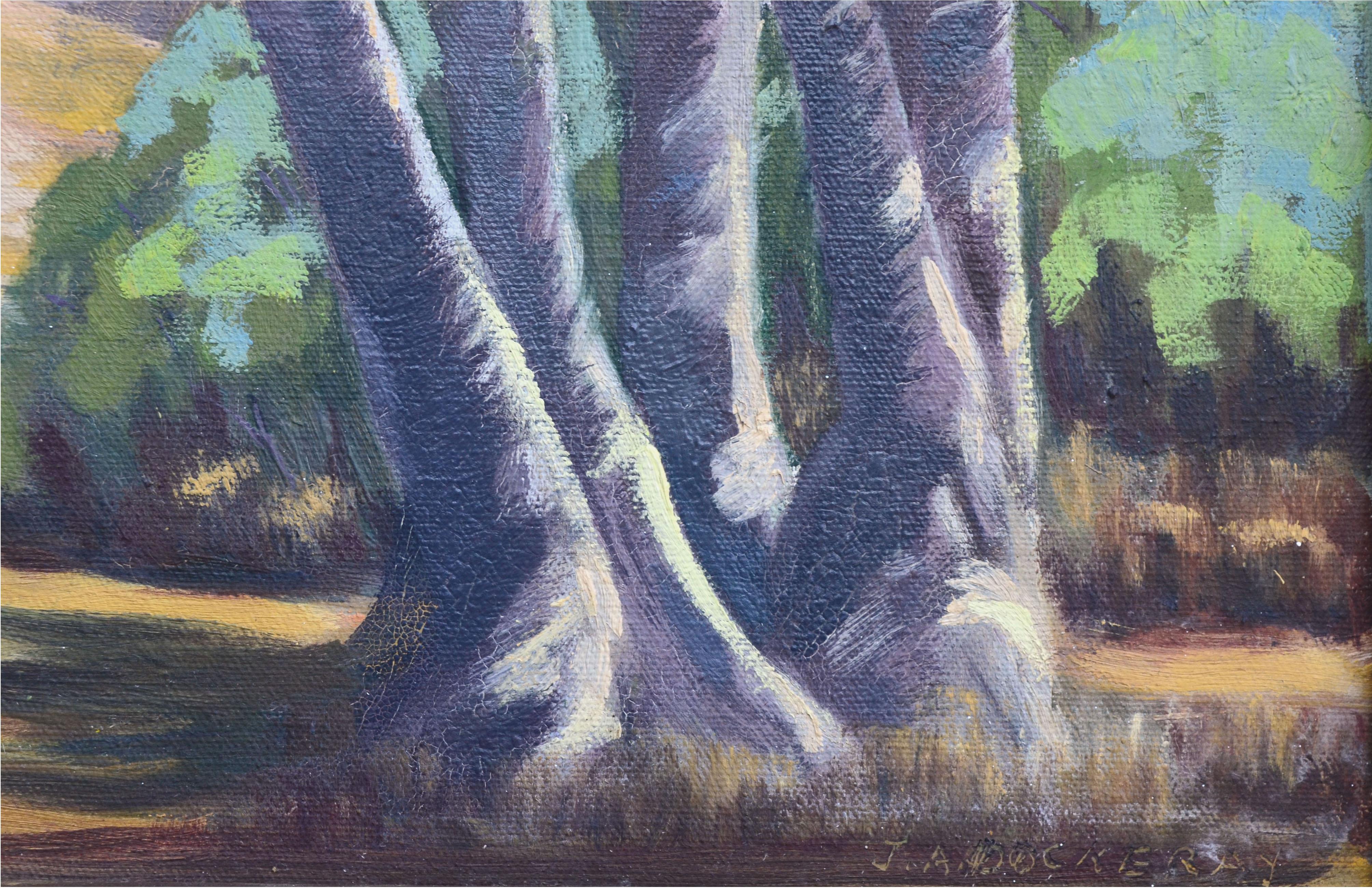 Peaceful and harmonious mid century California landscape depicting rolling foothills dotted with green trees in the soft light of dawn, with a grove of tall birch trees punctuating the foreground and casting their long shadows in the dappled light,
