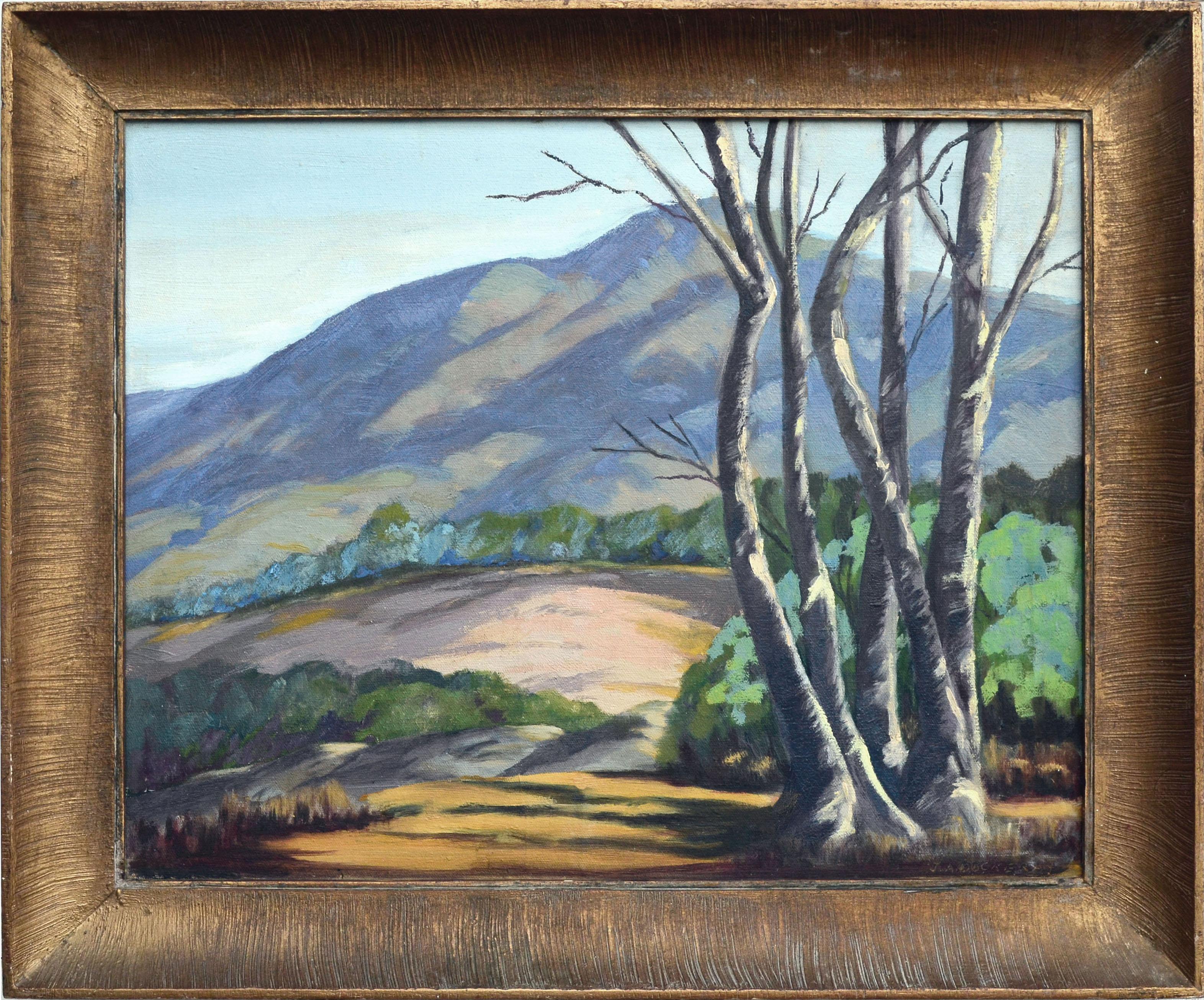 J.A. Dockeray Landscape Painting - "Dawn in the Foothills", Mid Century California Landscape with Birch Trees