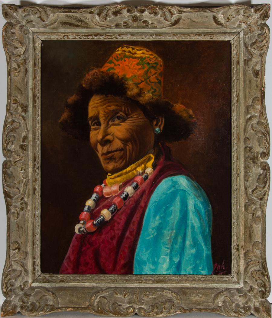 An impressive oil portrait of a Sherpa Woman by professional artist J.A. Hulbert who worked from his studio in India during the 1940s and 50s. Signed to the lower right corner. Title and artist name inscribed to the reverse. Beautifully presented