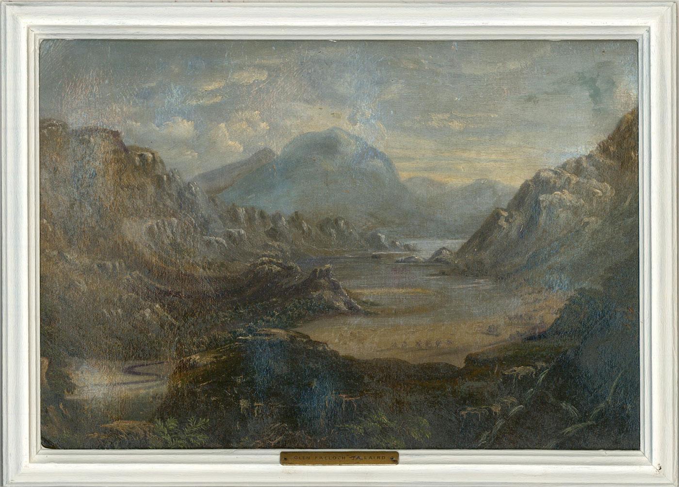 An expansive panoramic view of Perthshire, Scotland. The hill top view shows the winding river leading into the Loch in the foothills of a mountain range. The artist has signed at the reverse of the board. The painting is presented in a white