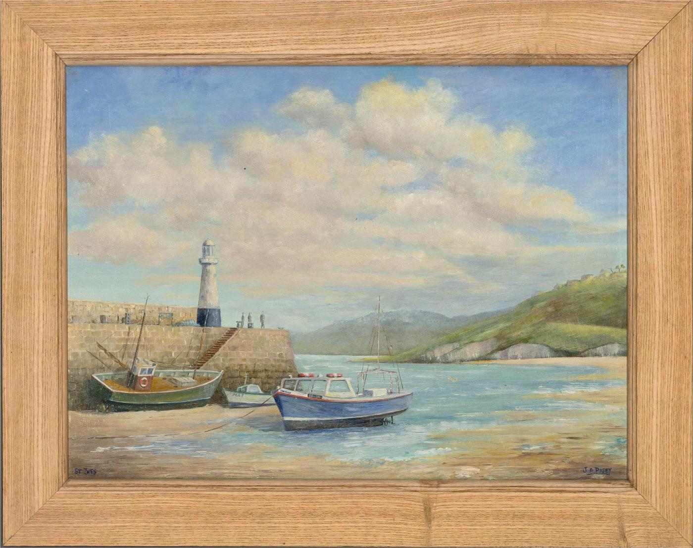A painting depicting the harbour at St Ives, Cornwall, at low tide. Presented in a wooden frame. Inscribed with the location to the lower-left edge and signed to the lower-right edge. On board.
