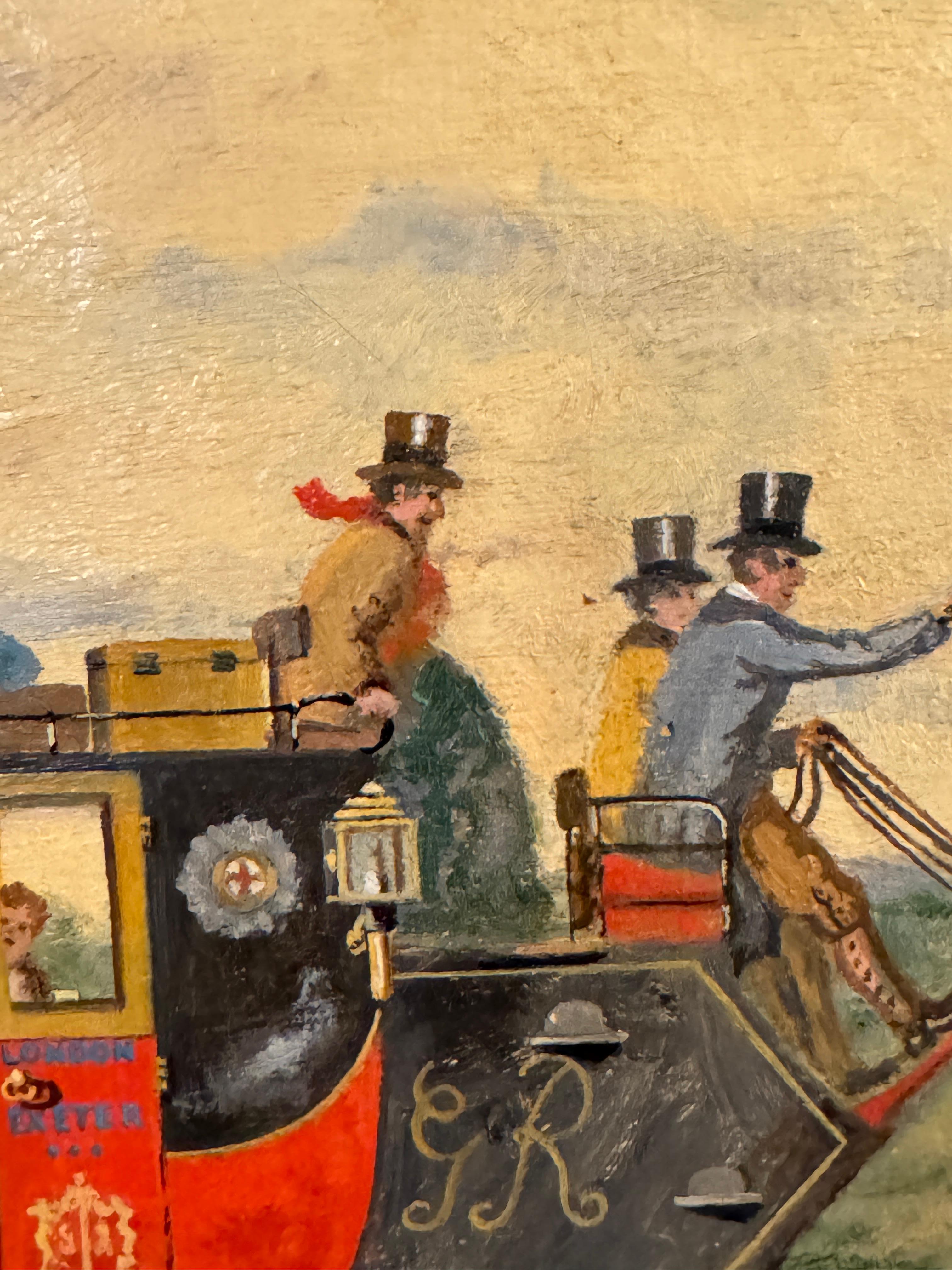 Paesaggio inglese del XIX secolo con una carrozza postale e cavalli su una strada - Painting di J.A Terry
