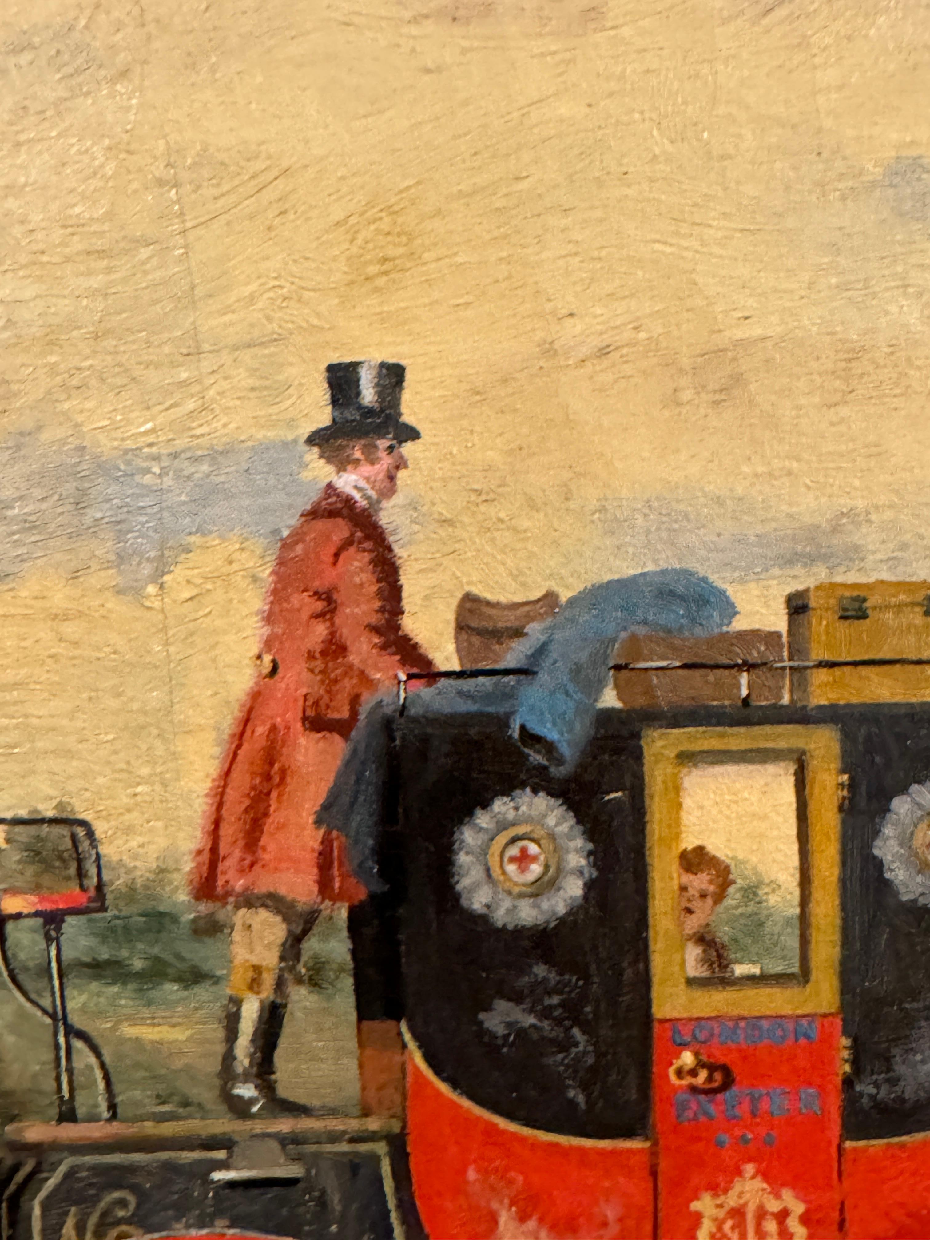 Paesaggio inglese del XIX secolo con una carrozza postale e cavalli su una strada - Painting Vittoriano di J.A Terry