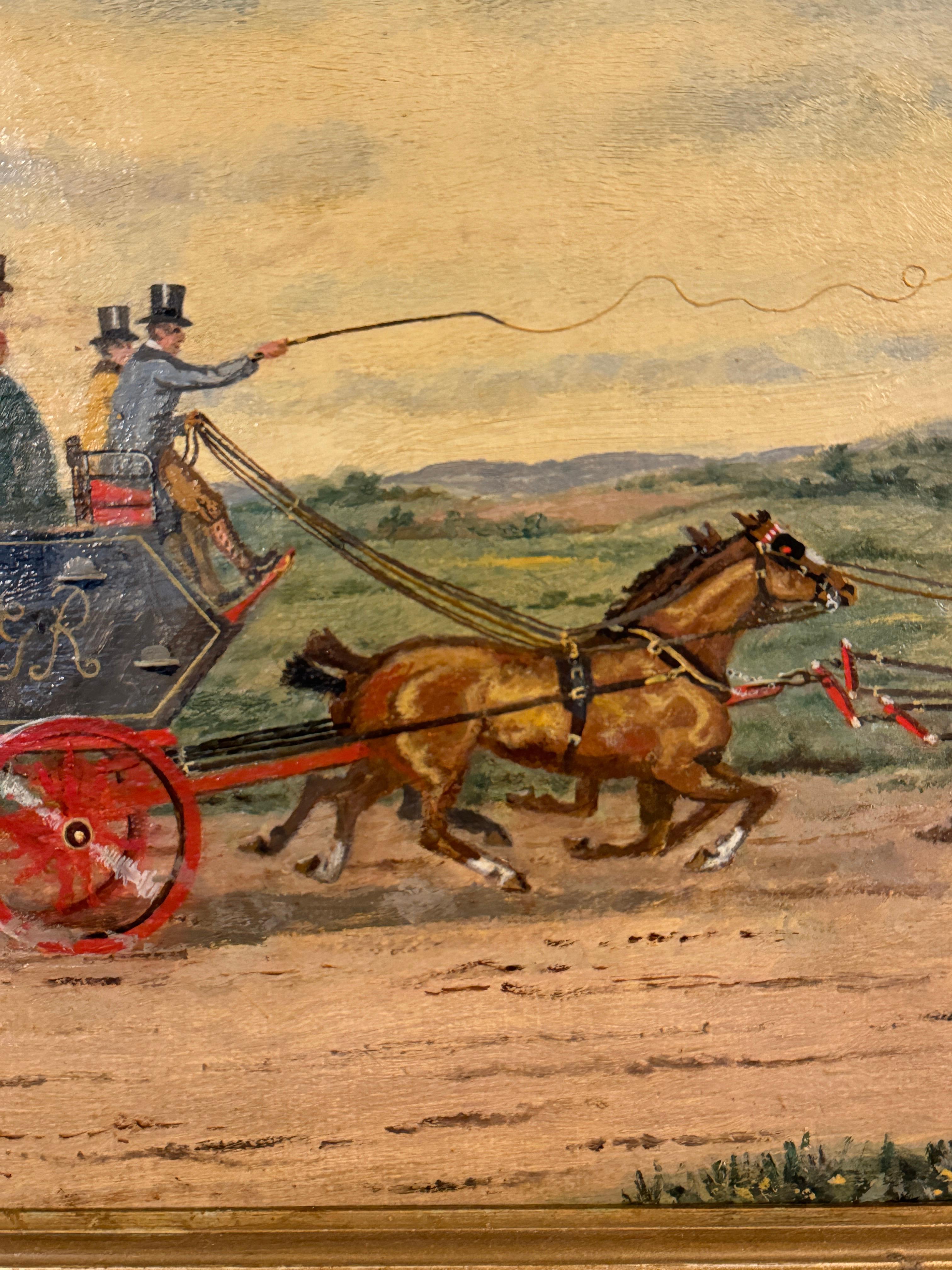 Paesaggio inglese del XIX secolo con una carrozza postale e cavalli su una strada in vendita 1