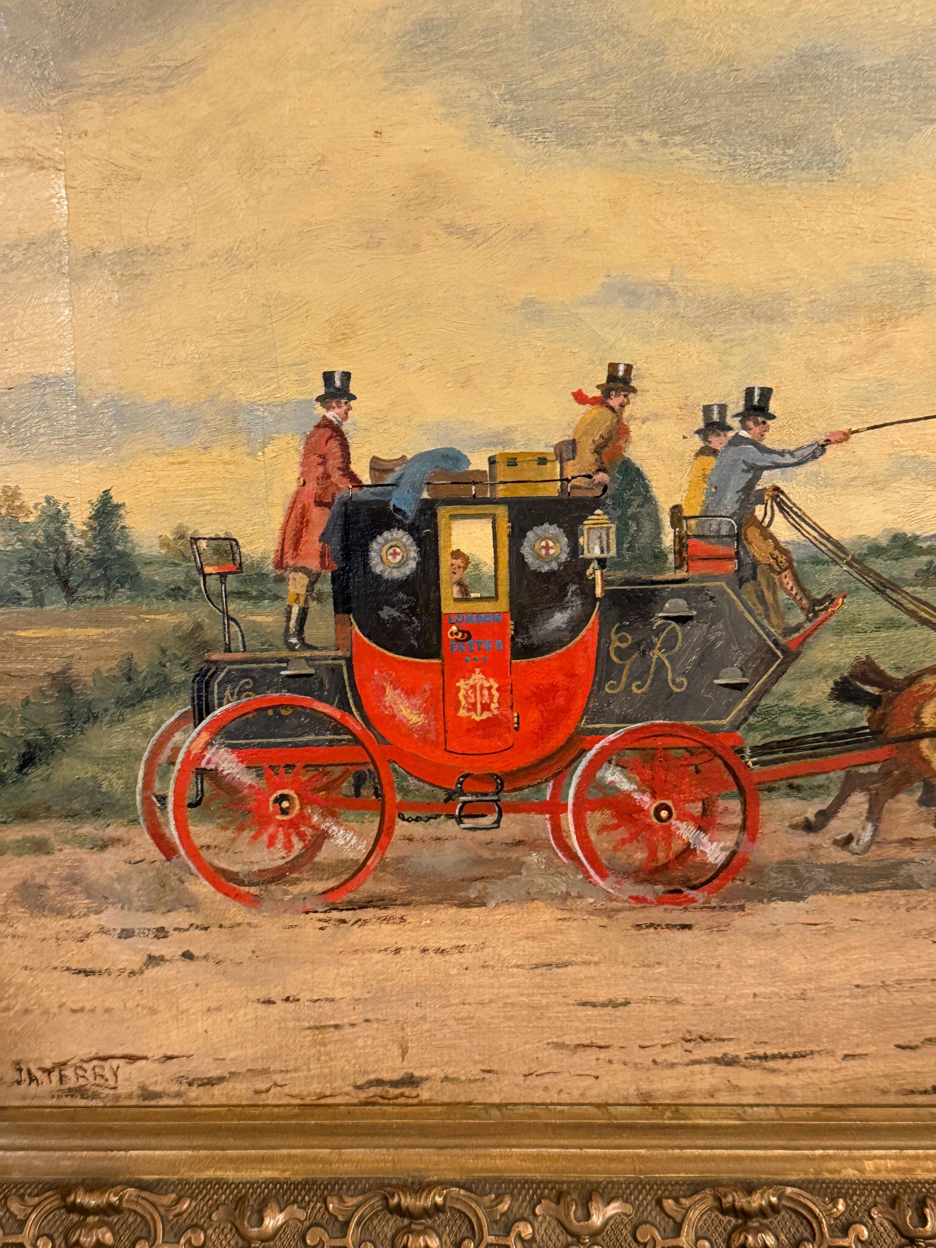 Paesaggio inglese del XIX secolo con una carrozza postale e cavalli su una strada in vendita 2
