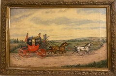 Paisaje inglés del siglo XIX con un carruaje de correos y caballos en una carretera