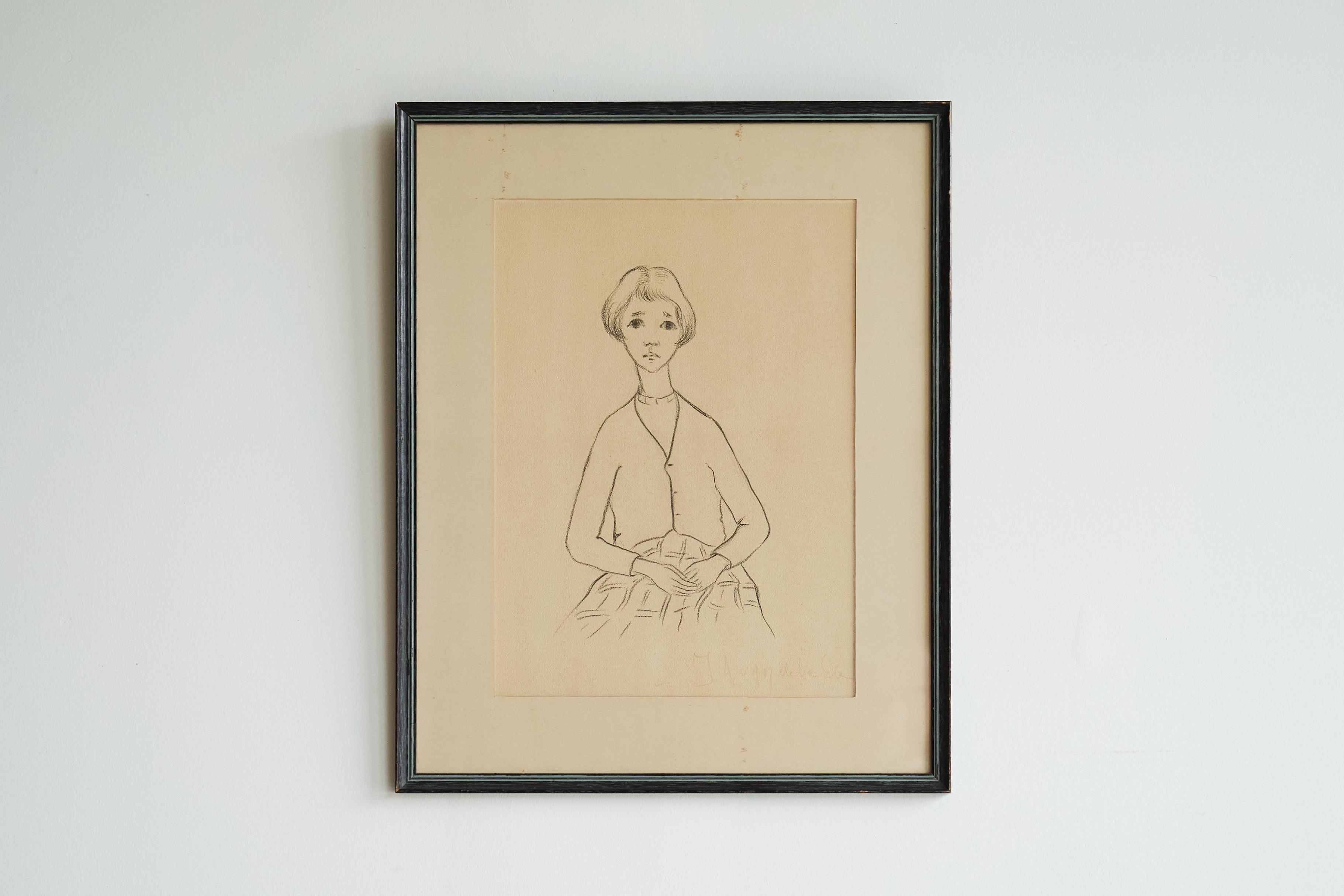 Mid-Century Modern J.A. Van de Velde 'Jongedame' Charcoal on Paper Belgium 1950s For Sale