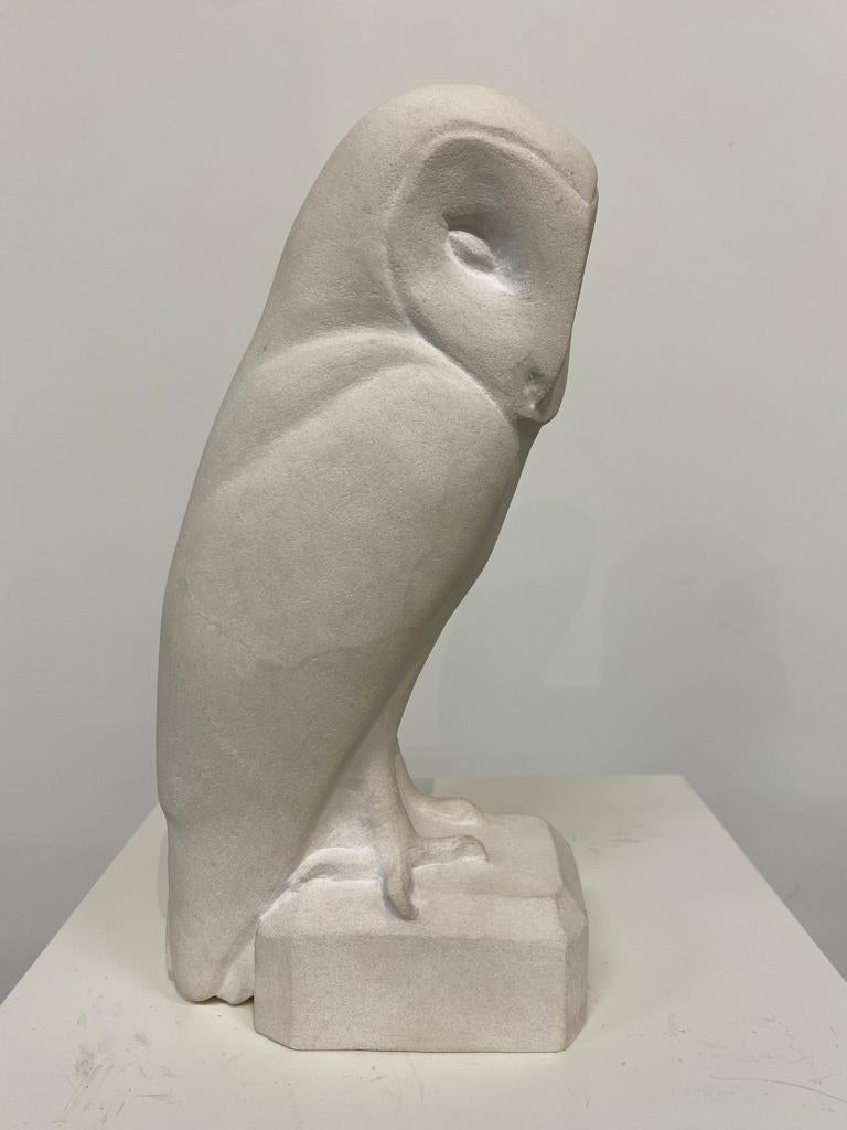 Barn Owl- 21st Century Dutch limestone sculpture of an owl  - Gray Figurative Sculpture by Jaap Deelder