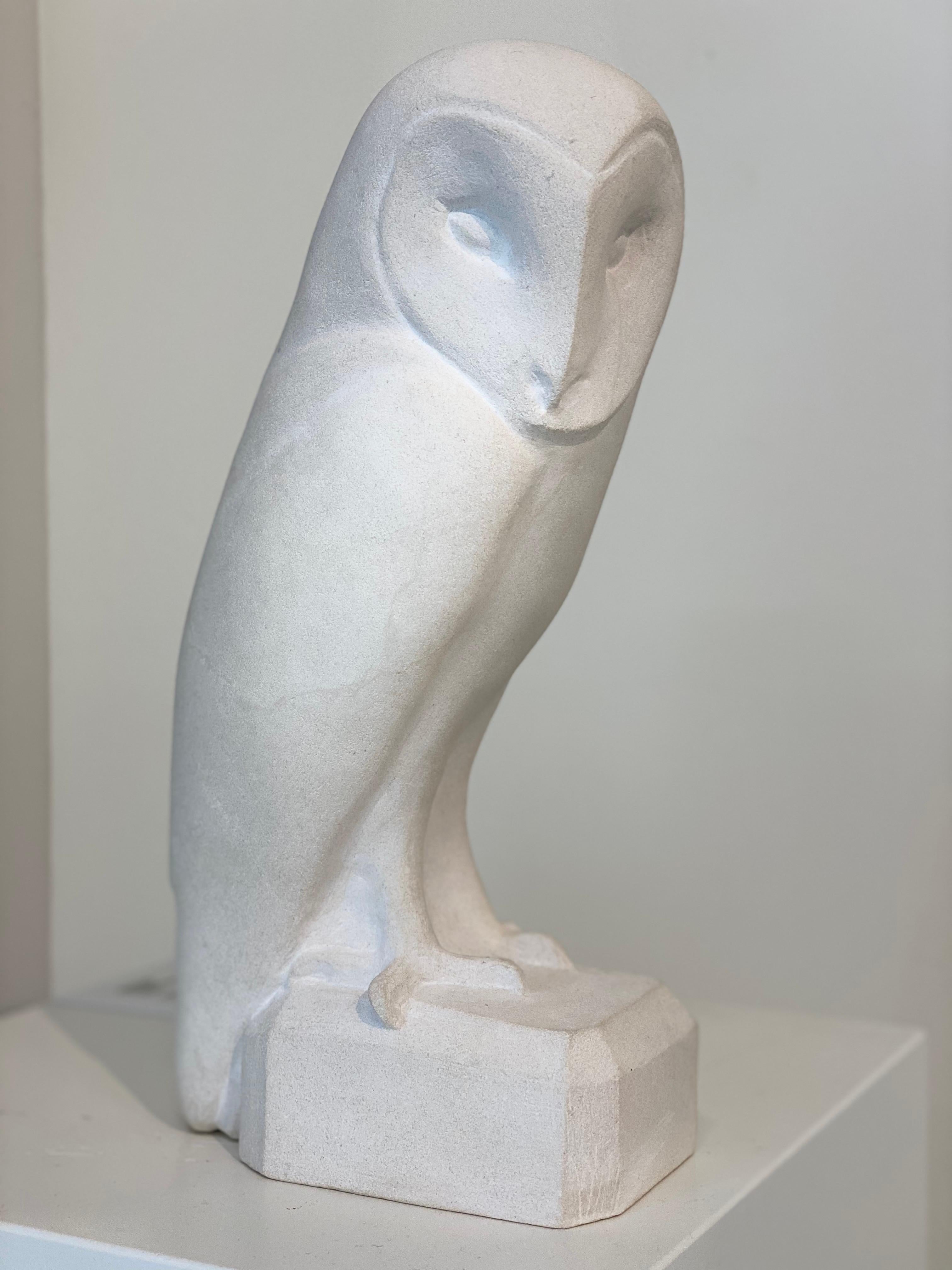 Jaap Deelder Figurative Sculpture - Barn Owl- 21st Century Dutch limestone sculpture of an owl 
