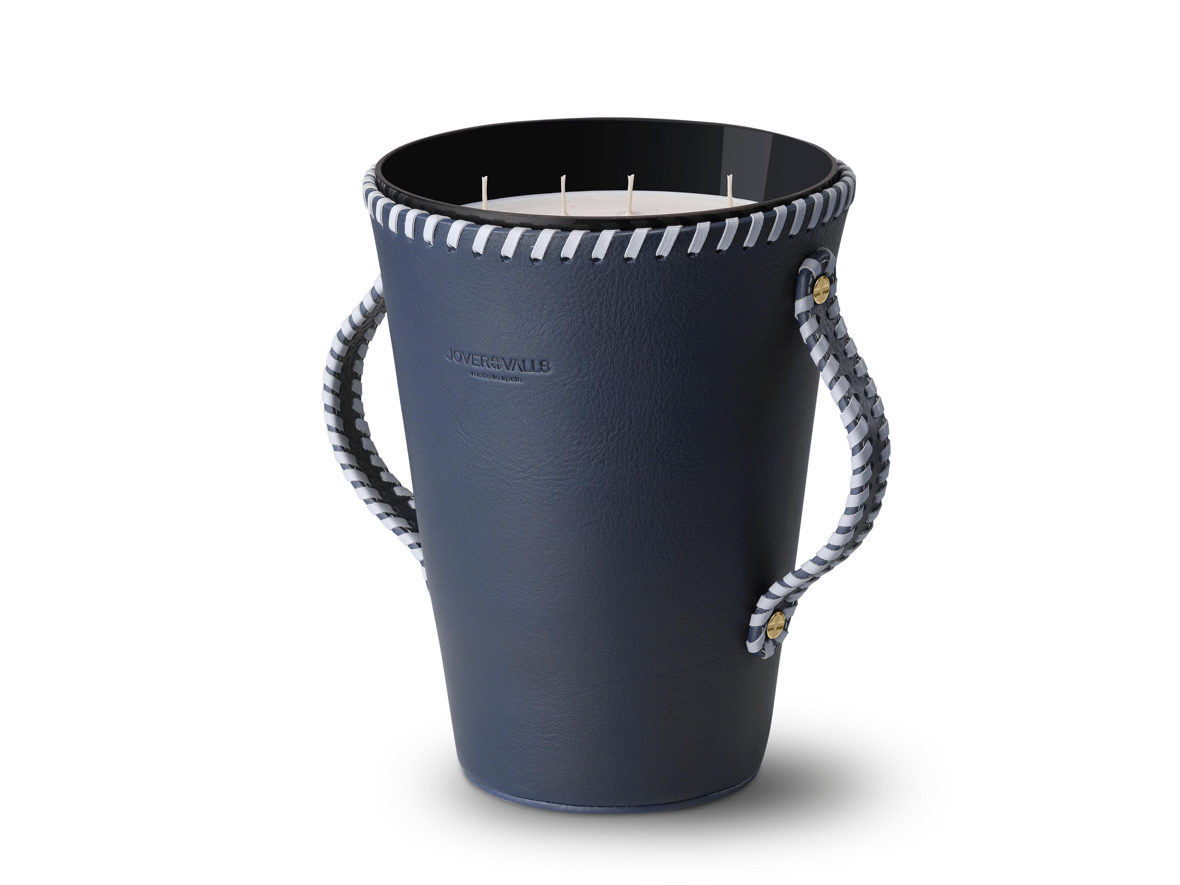 JAAR, Navy Blue Leather Candleholder and Oud Wood & Roses Scented Candle 123 Oz For Sale 1