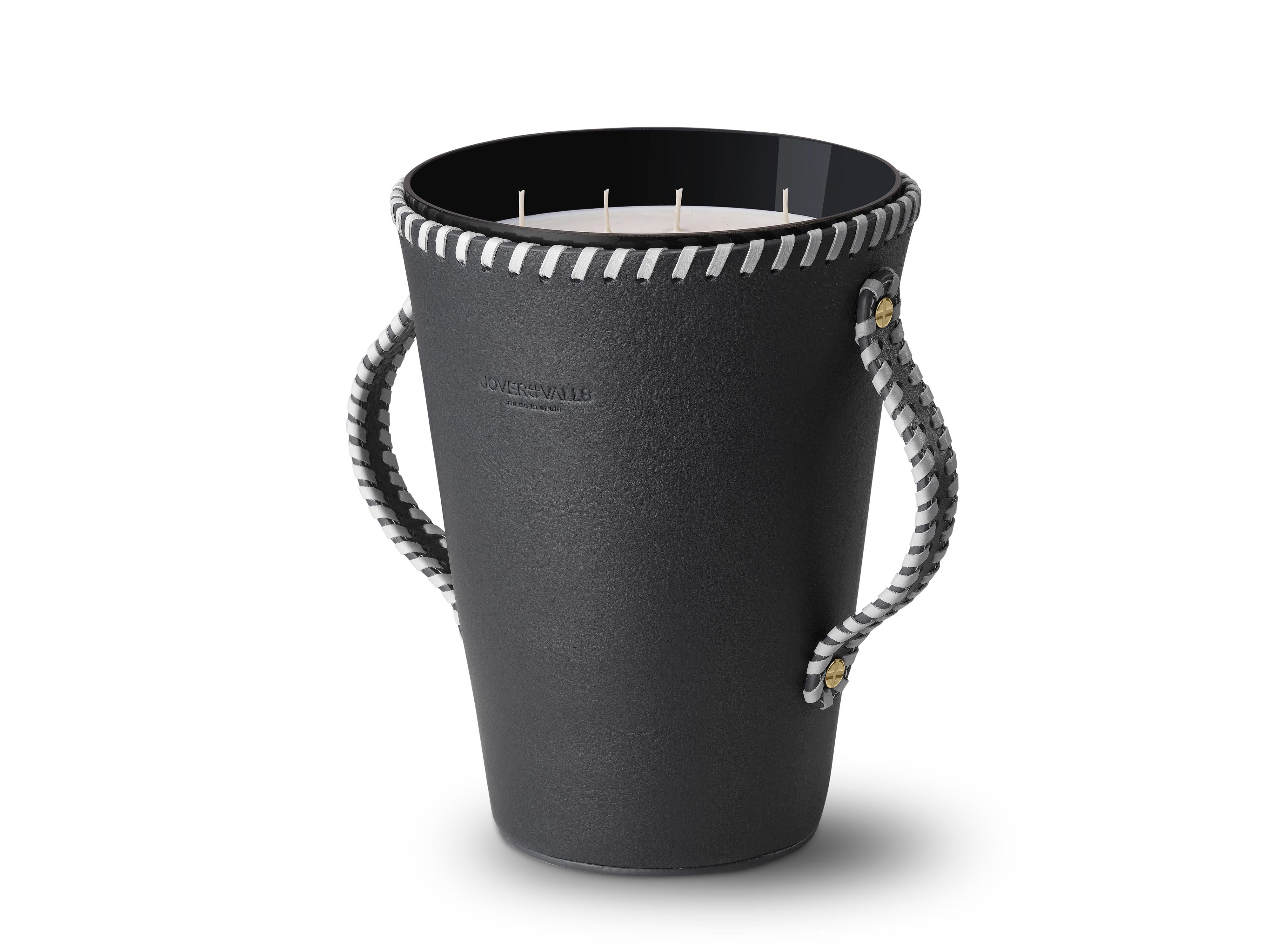 Modern Jaar, Black Leather Candleholder, Sweet Cinnamon Scented Candle For Sale