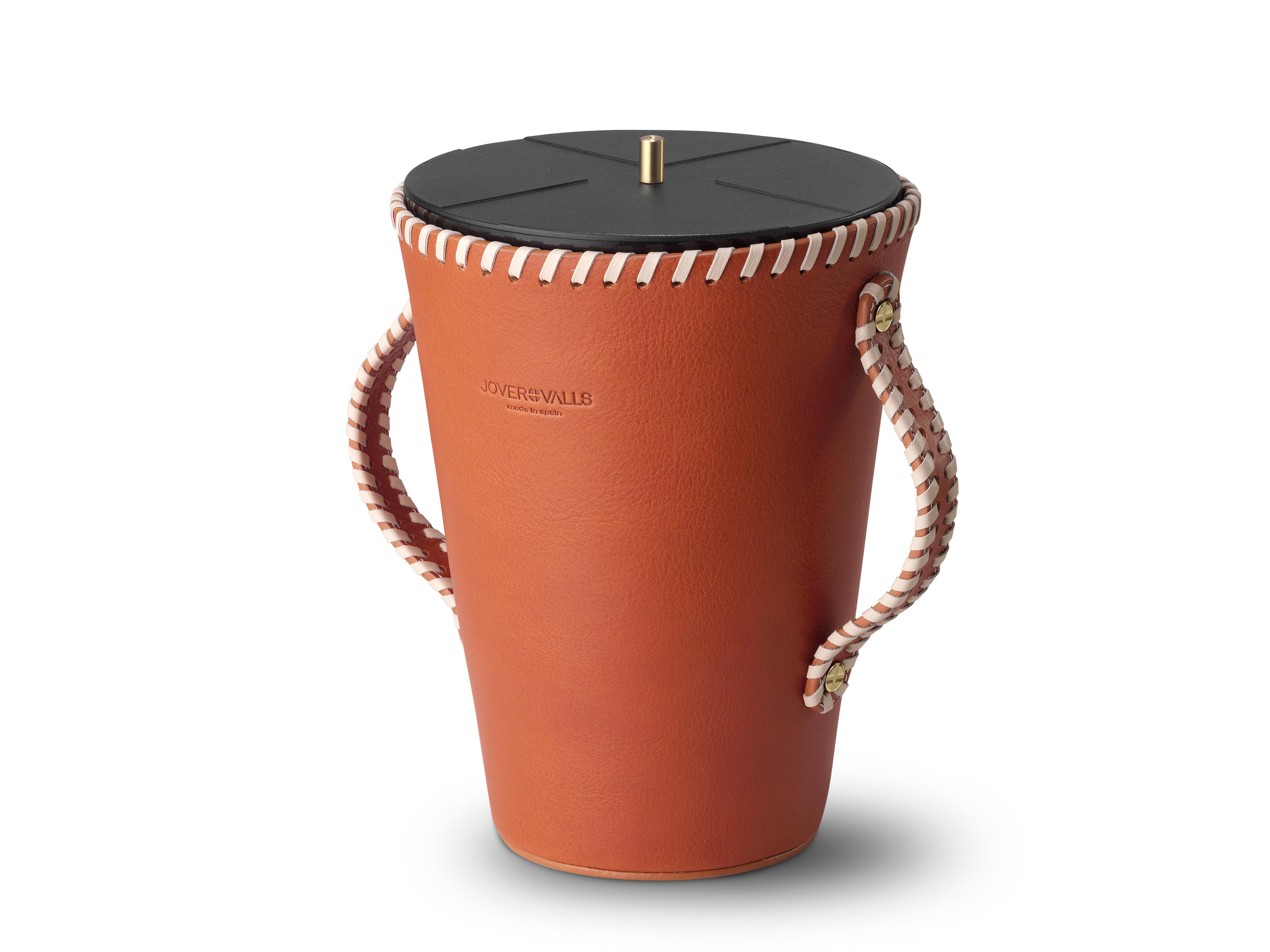 Modern JAAR, Cognac Leather Candleholder, Sweet Cinnamon Scented Candle 123 Oz For Sale