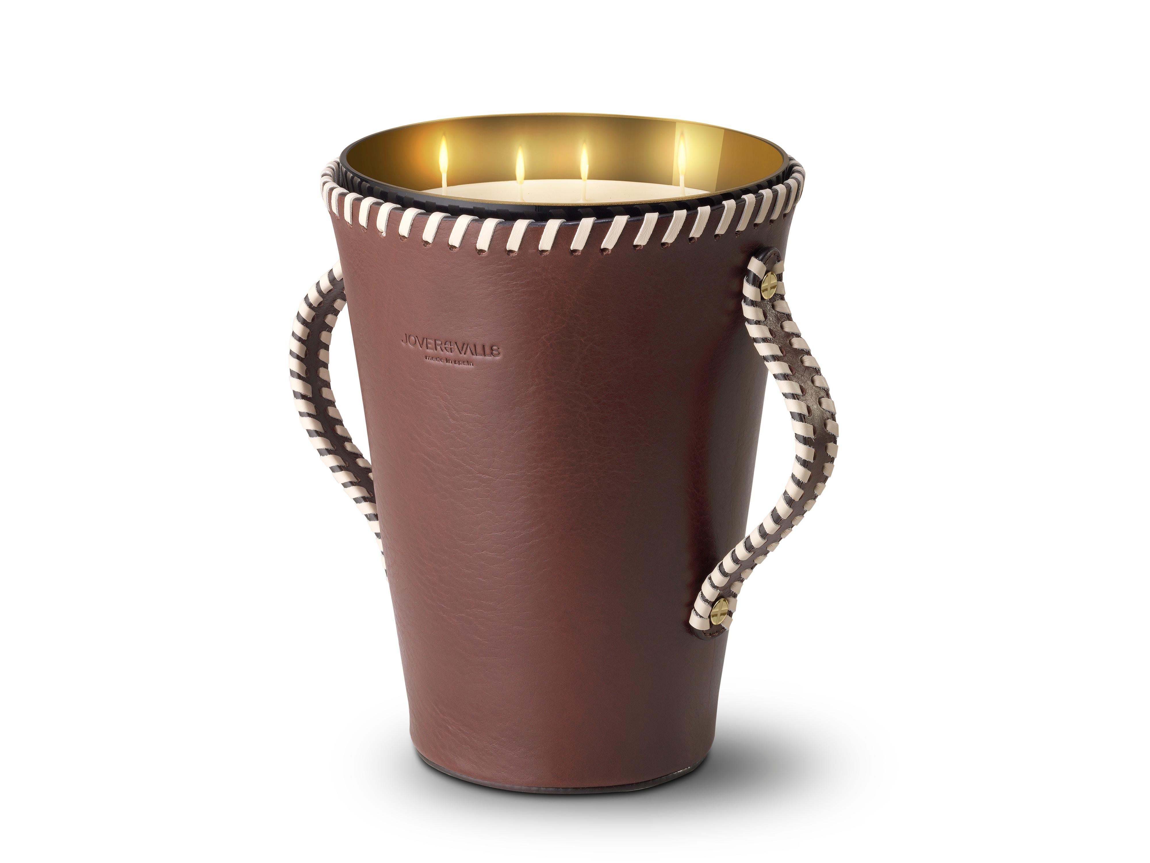 Modern JAAR, Dark Brown Leather Candleholder, Spring Flowers & Citrus Scented 123 Oz For Sale